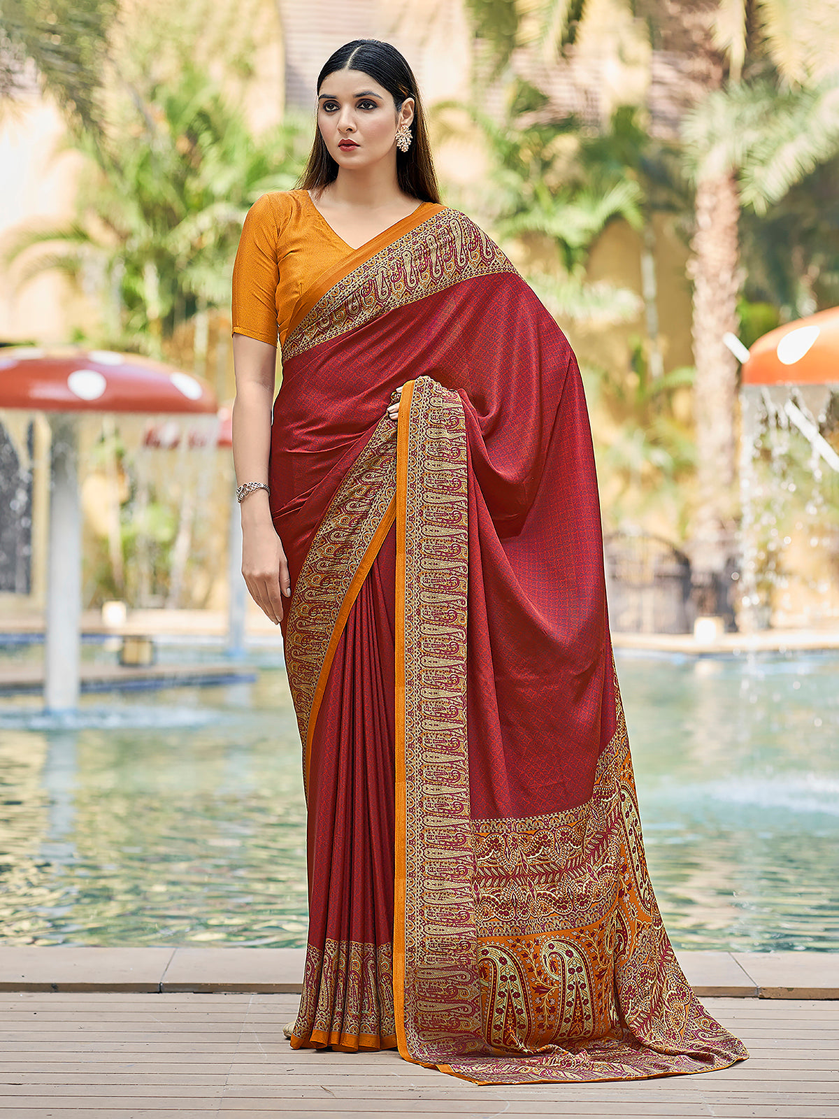 Red printed crepe silk casual saree with contrast border and pallu