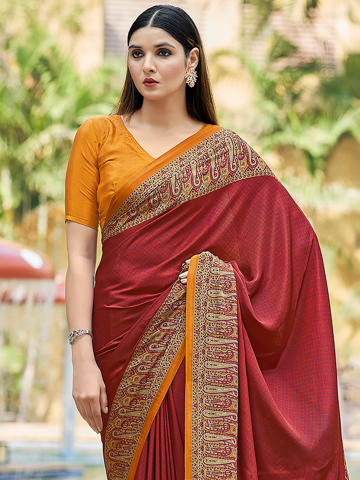 Red printed crepe silk casual saree with contrast border and pallu