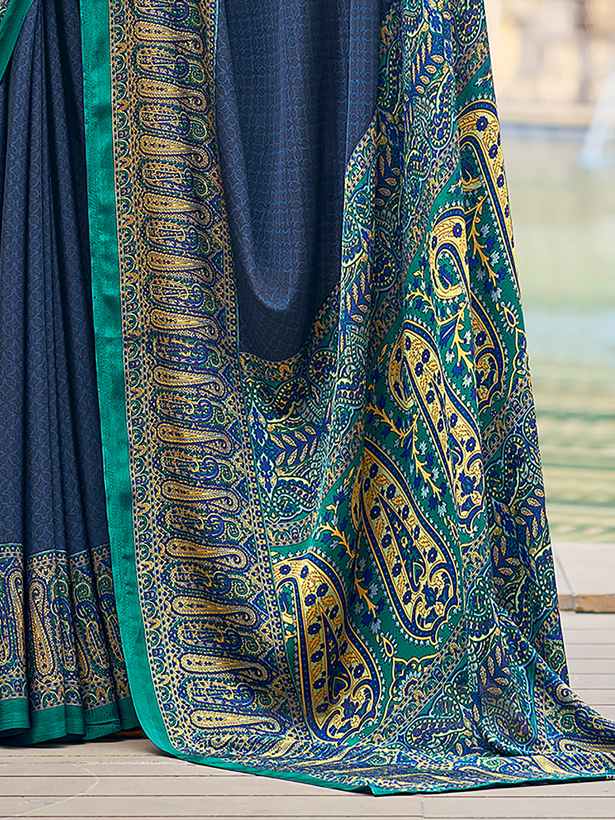 Blue printed crepe silk casual saree with contrast border and pallu