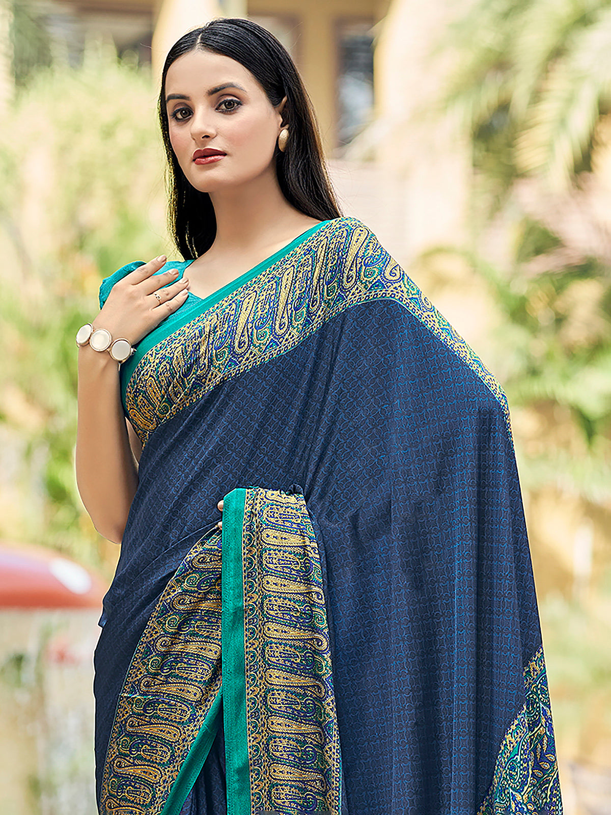 Blue printed crepe silk casual saree with contrast border and pallu