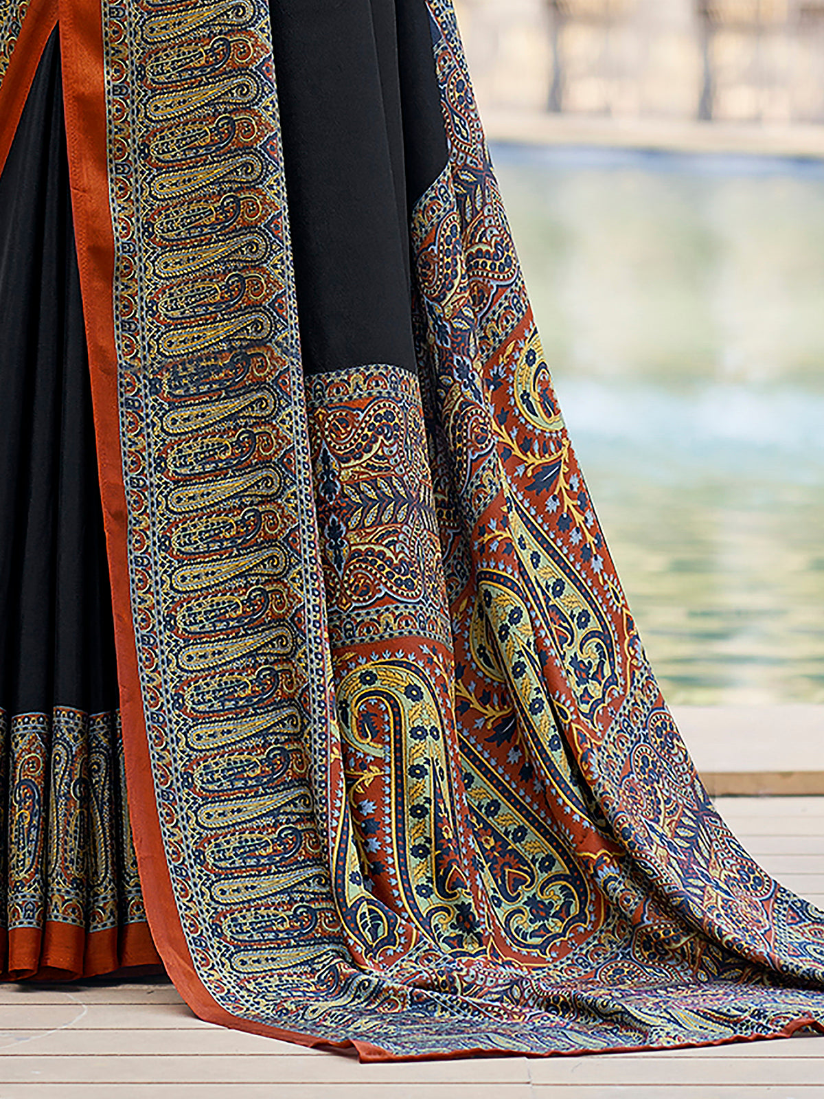 Black printed crepe silk casual saree with unstitched blouse