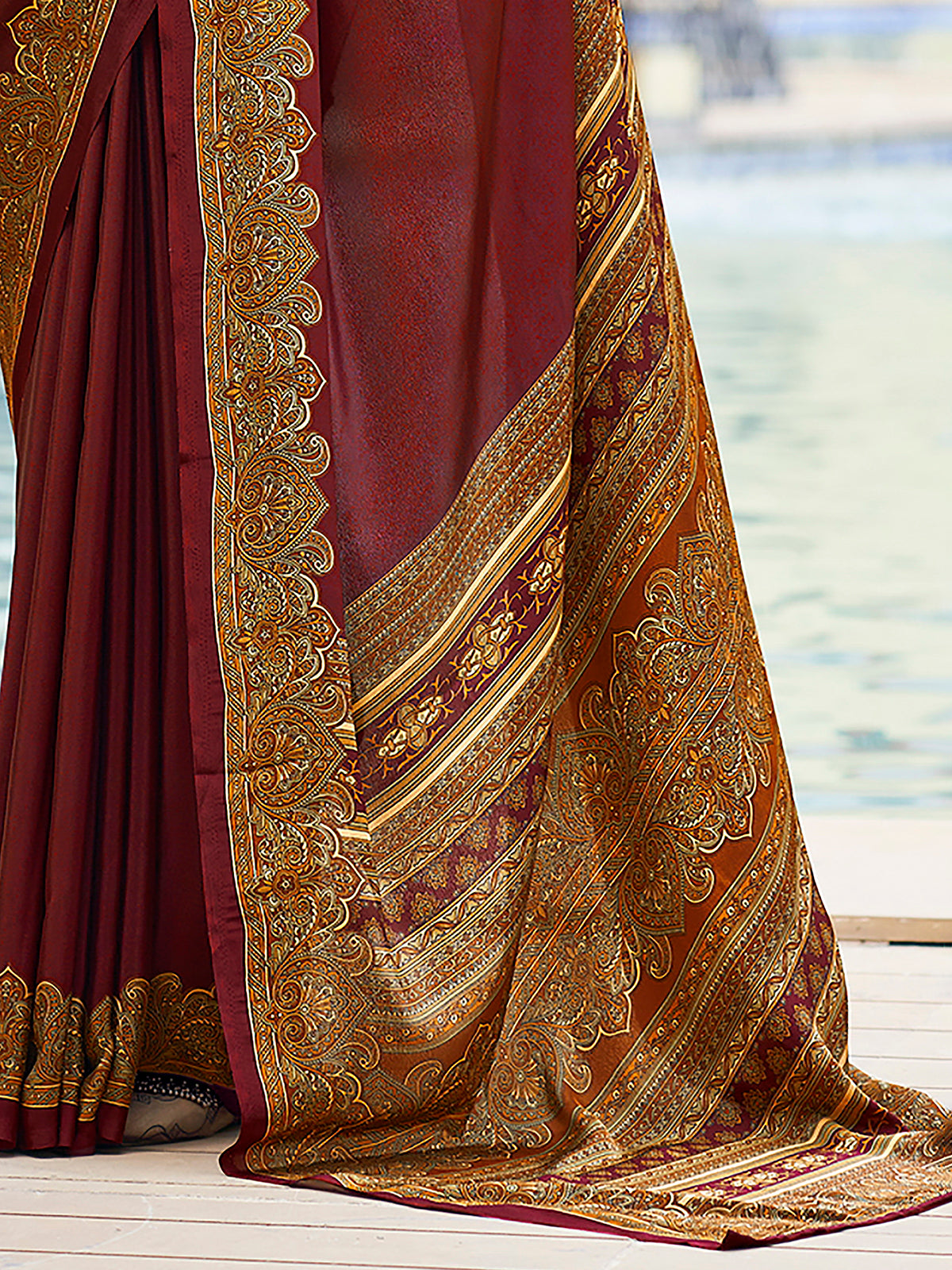 Maroon printed crepe silk casual saree with contrast border and pallu