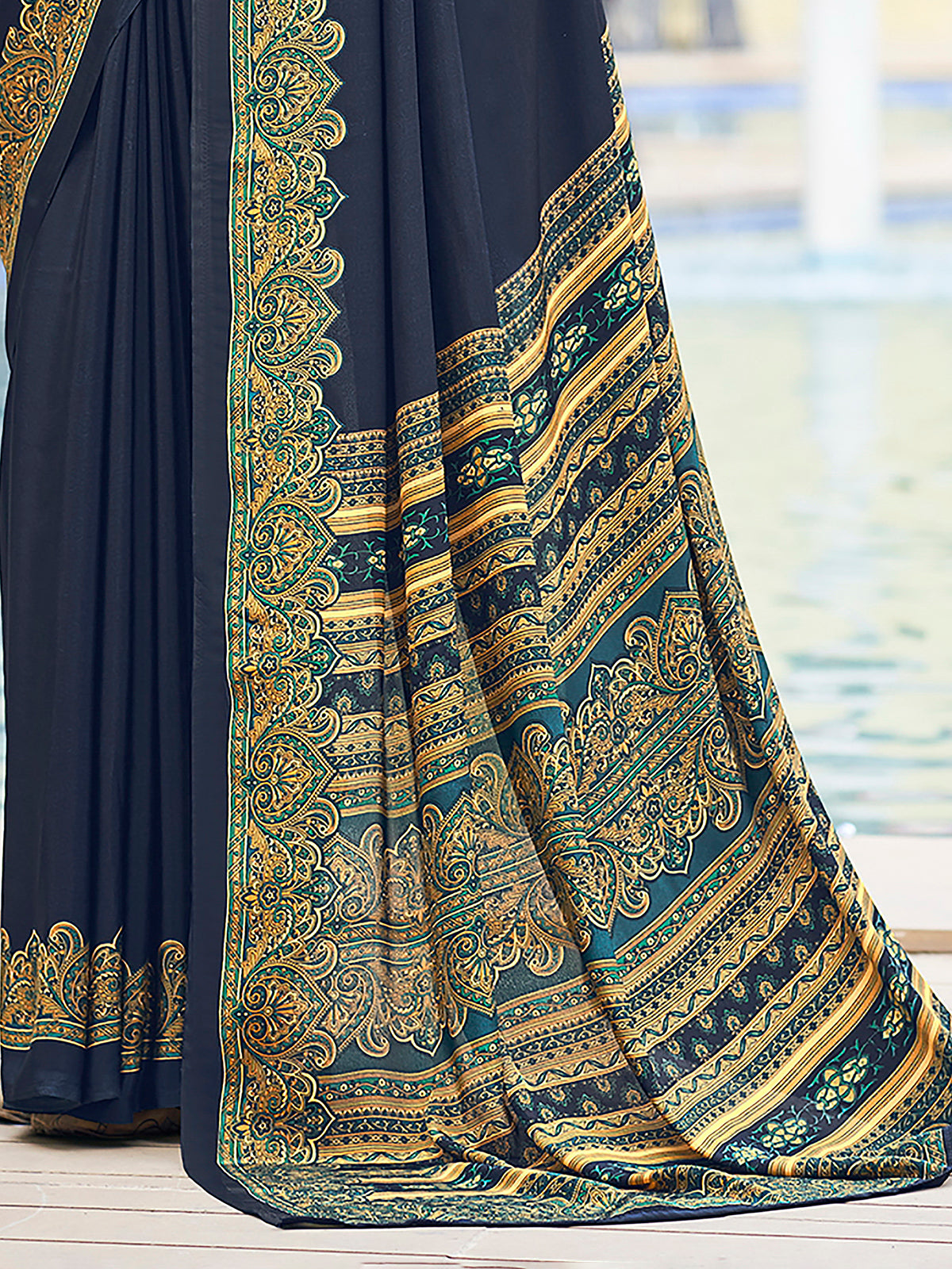 Navy printed crepe silk casual saree with contrast border and pallu