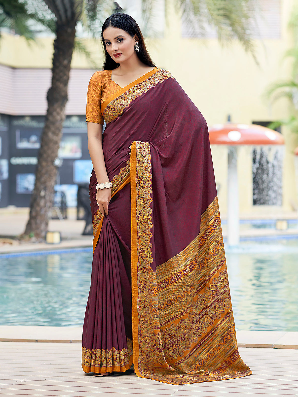 Wine printed crepe silk casual saree with unstitched blouse