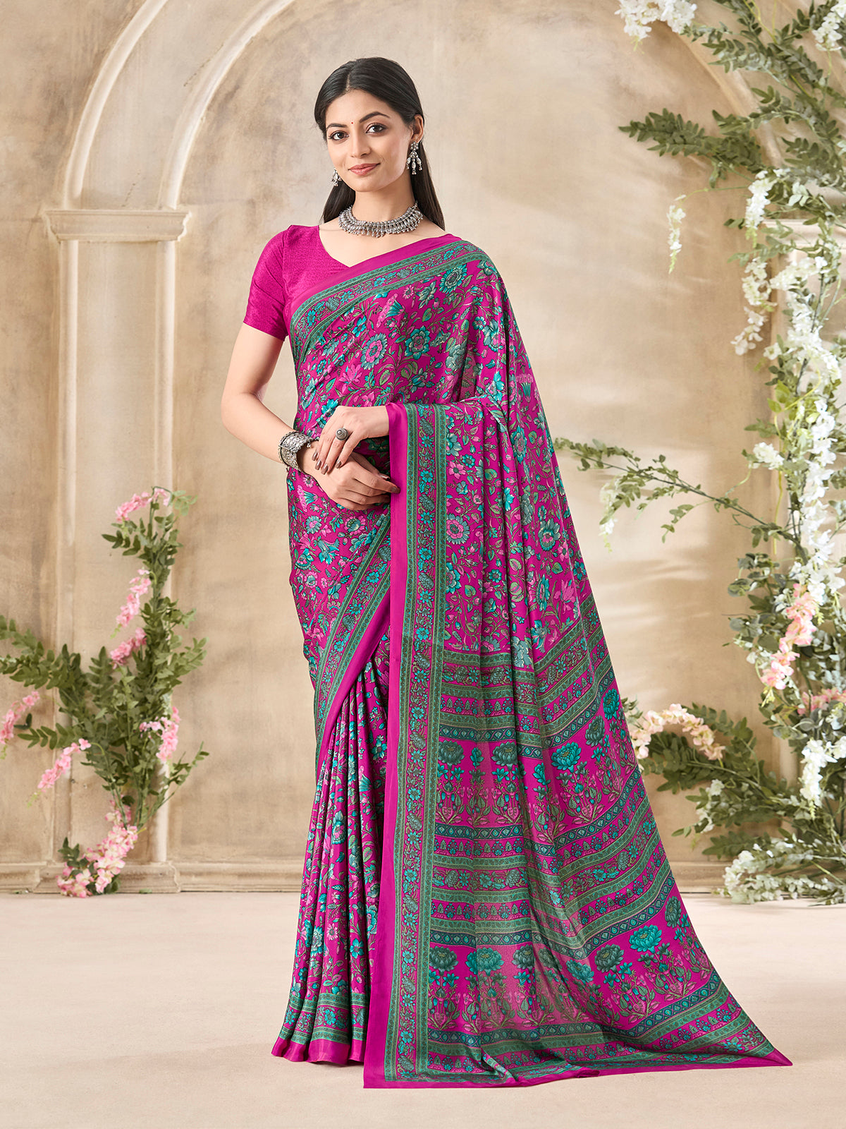 Rani pink floral printed crepe silk elegant everyday casual wear saree