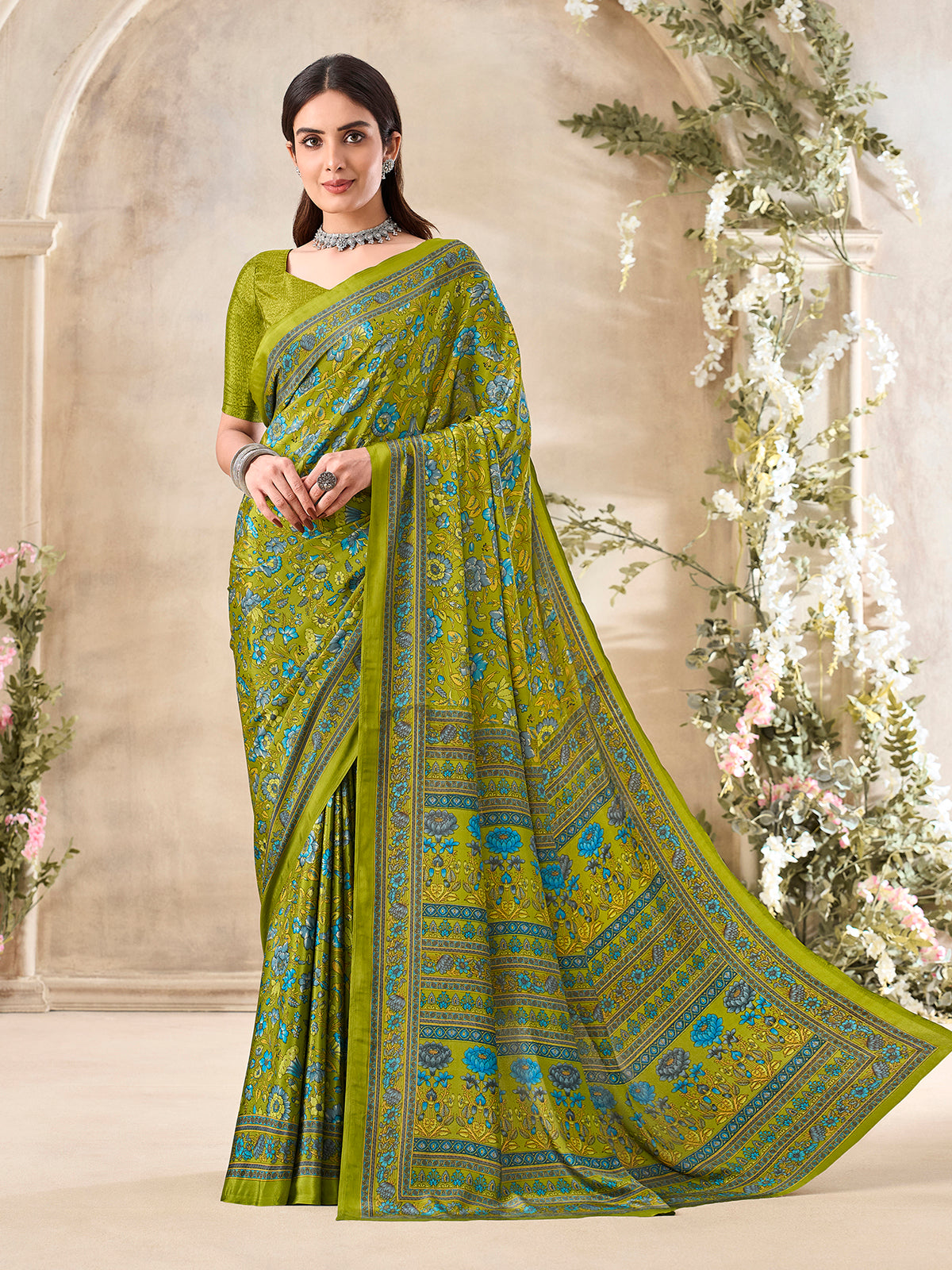 Mehendi green floral printed crepe silk stylish casual saree for women
