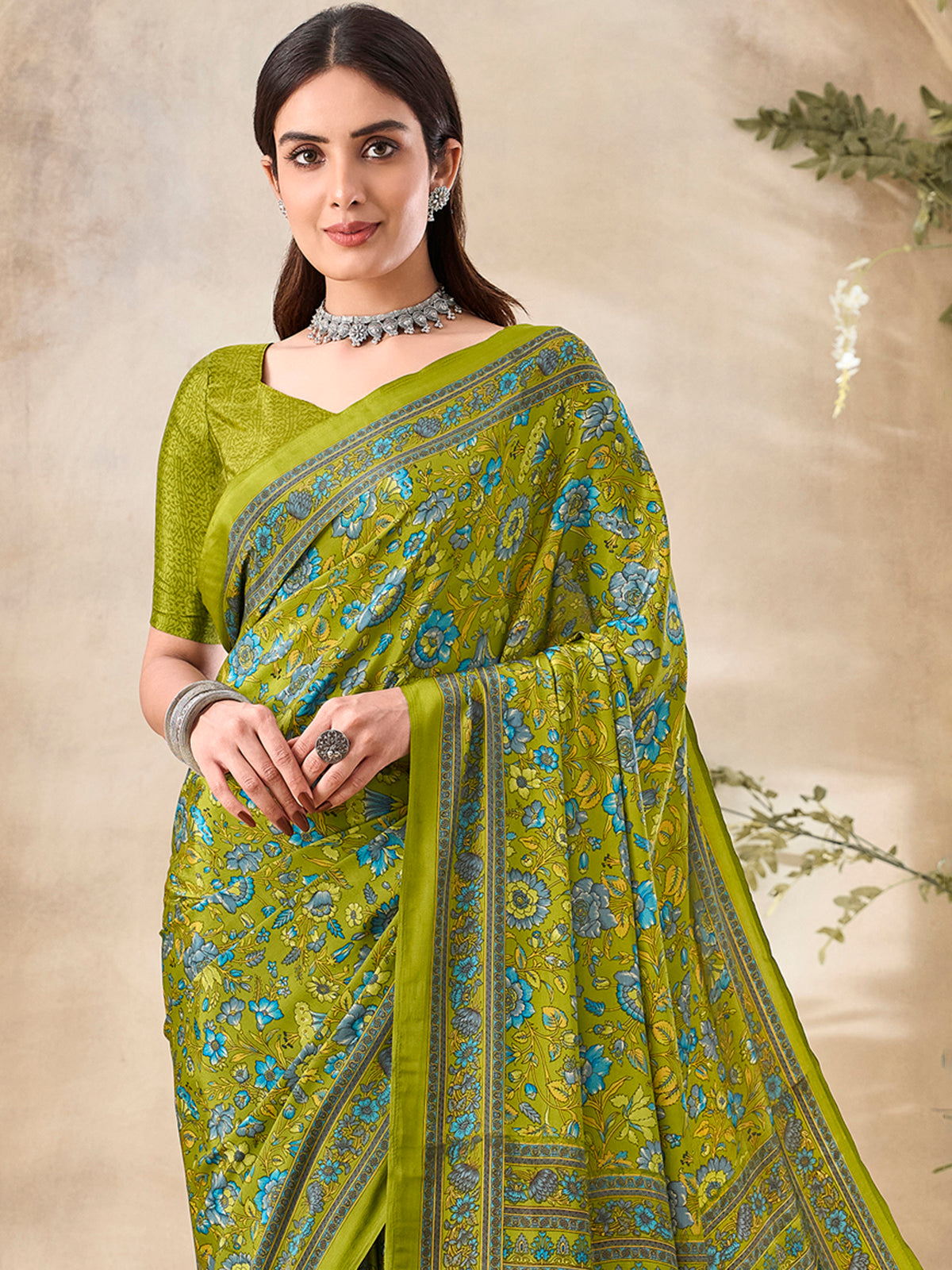 Mehendi green floral printed crepe silk stylish casual saree for women