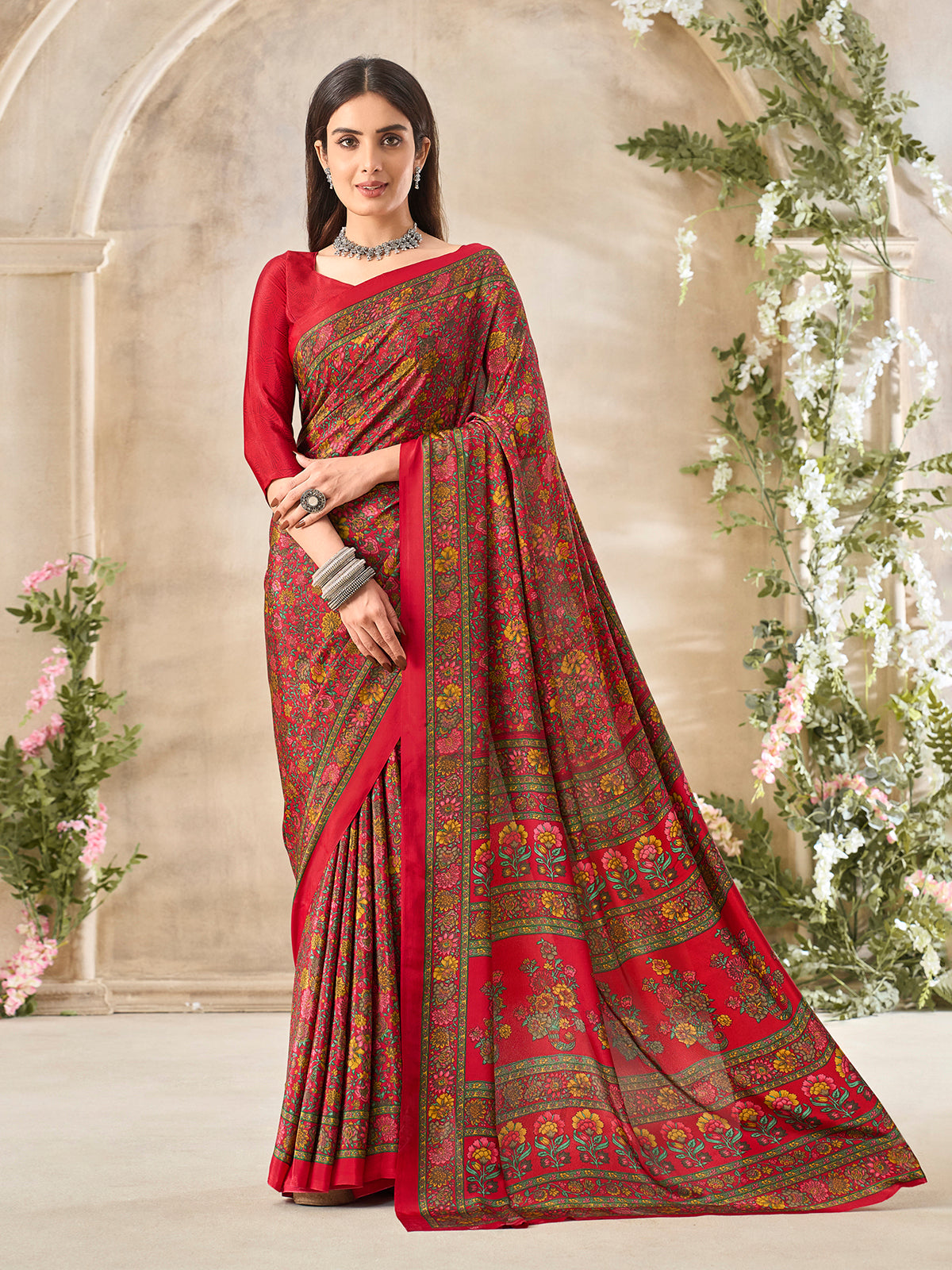 Red floral printed crepe silk graceful everyday casual wear saree design