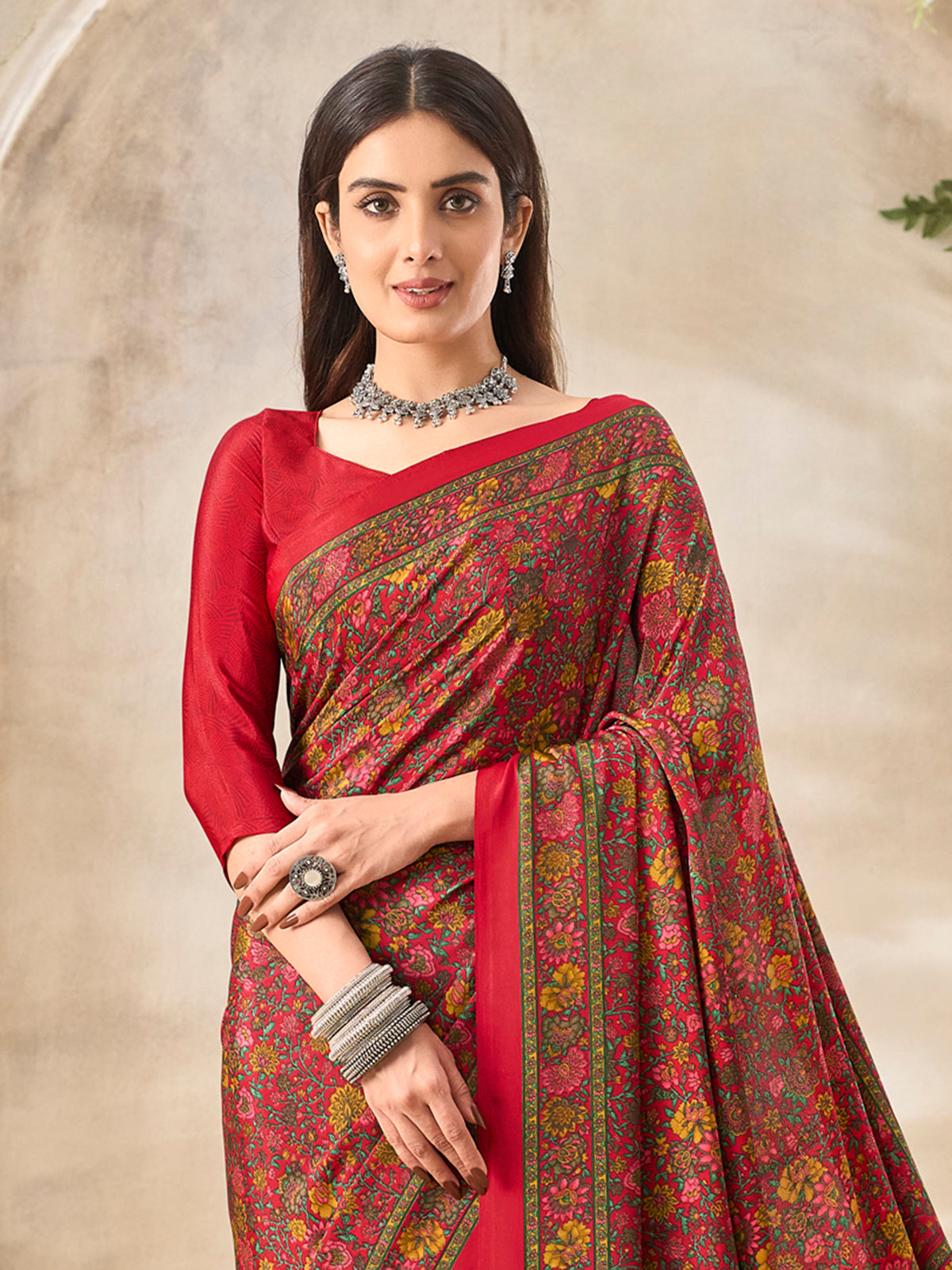 Red floral printed crepe silk graceful everyday casual wear saree design