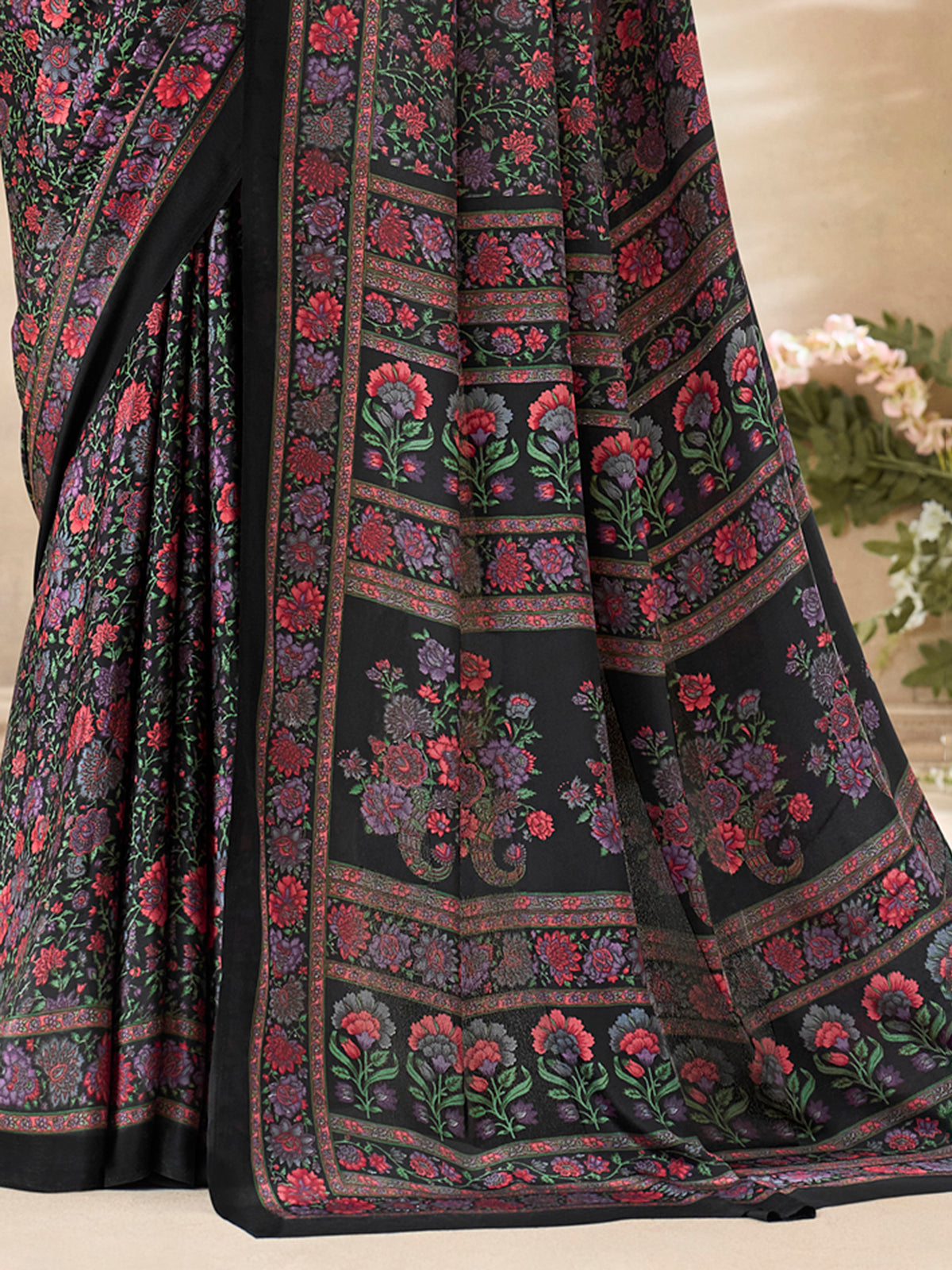 Black floral printed crepe silk timeless casual wear saree for women