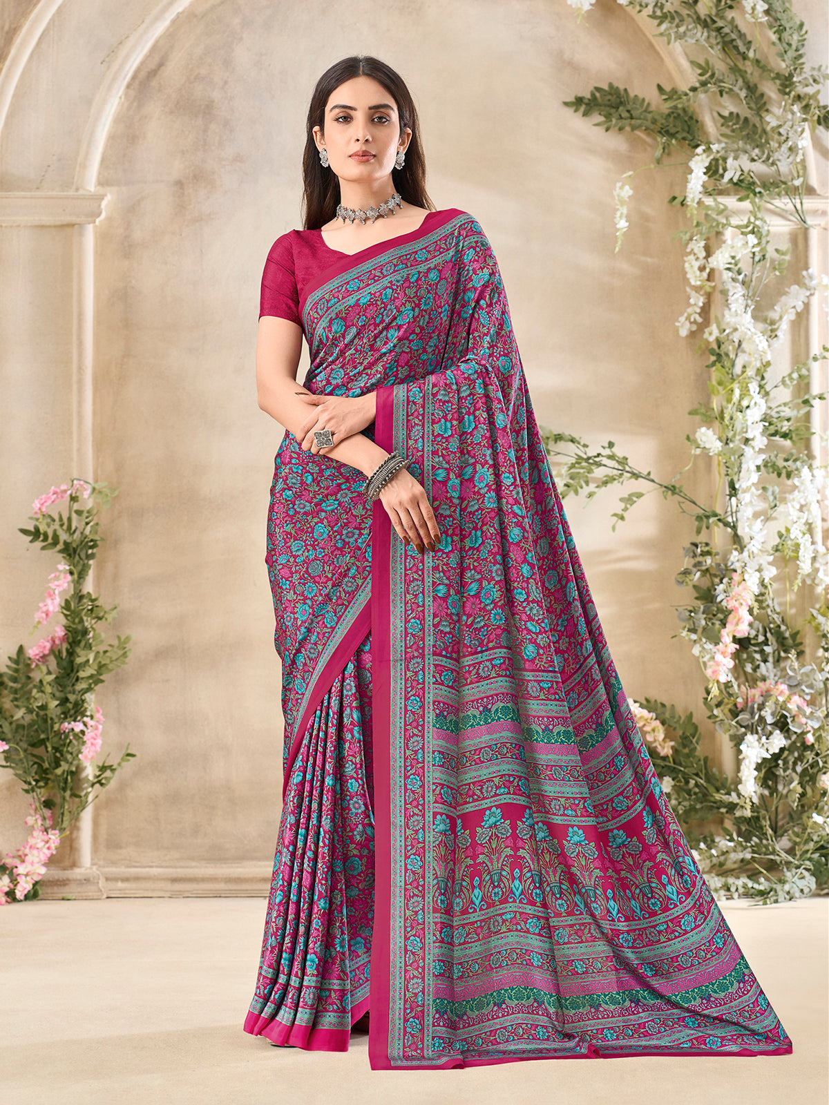 Wine floral printed crepe silk elegant casual wear saree for women