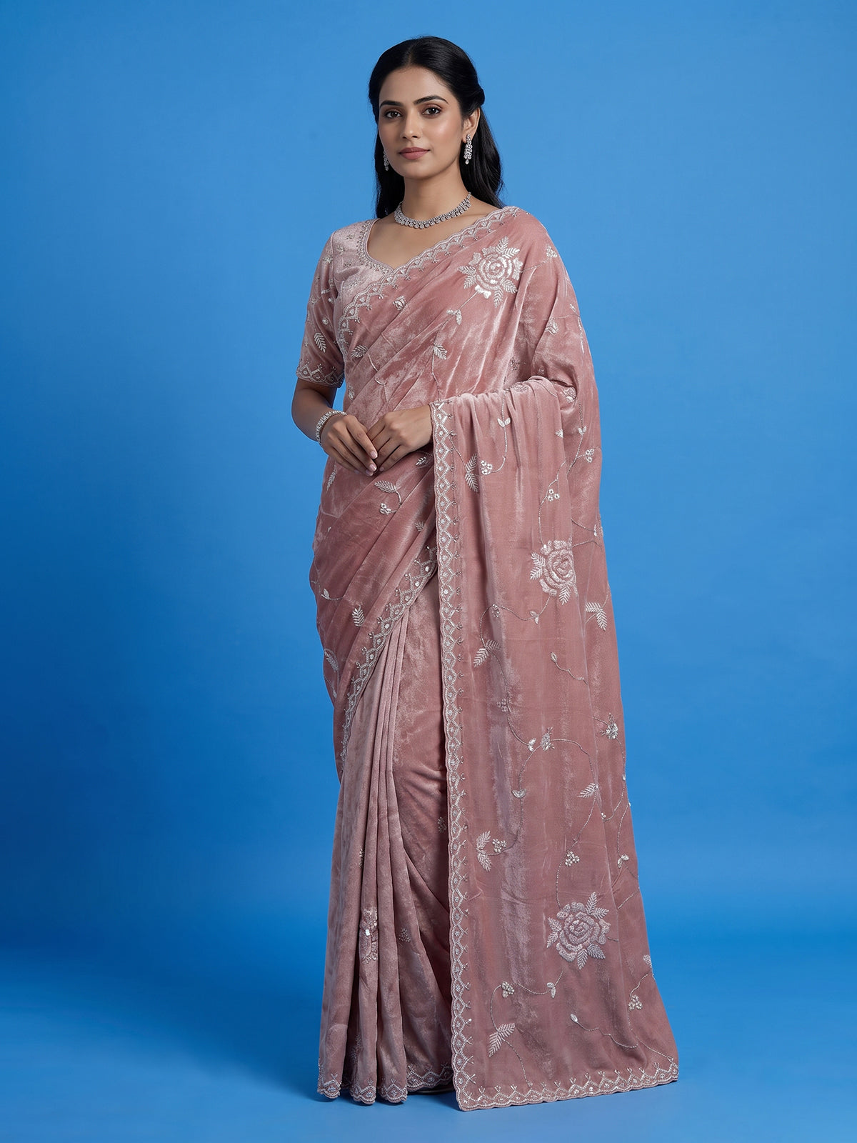 Stylish onion pink tissue silk saree for festive celebrations