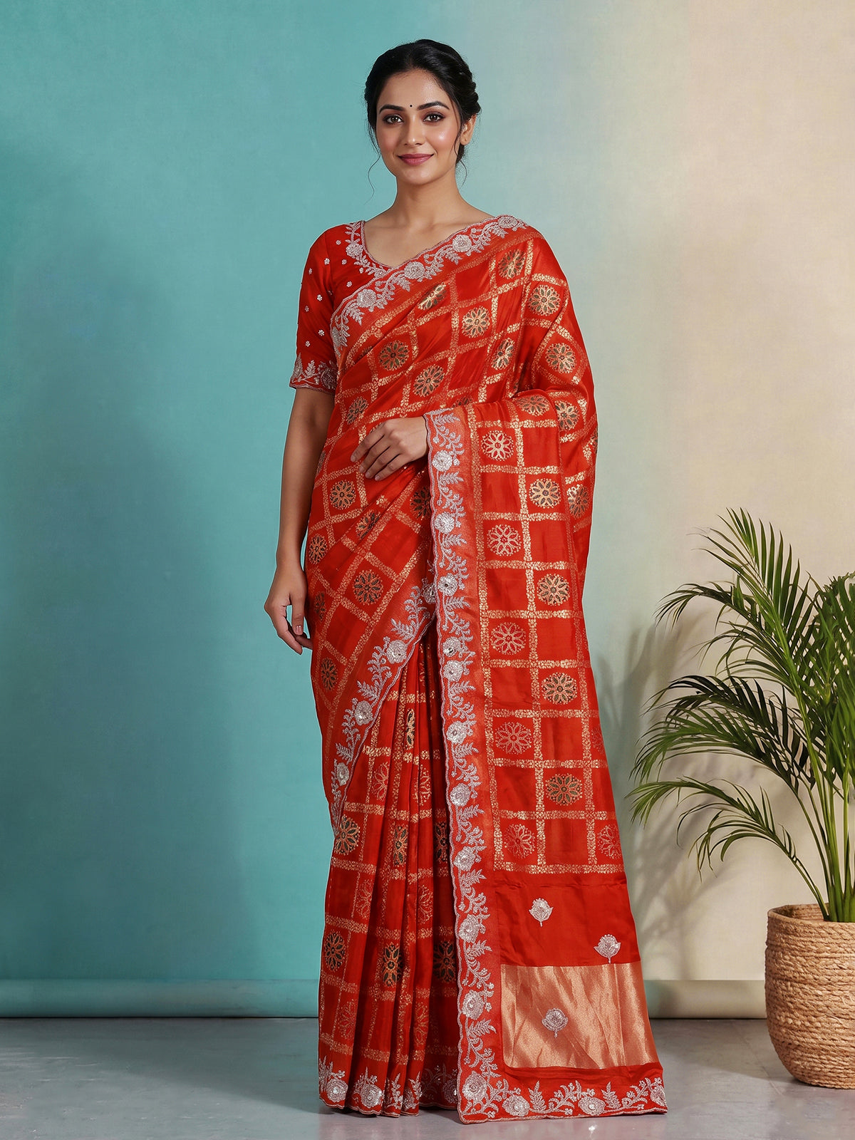 Designer reddish orange dola silk saree for wedding functions