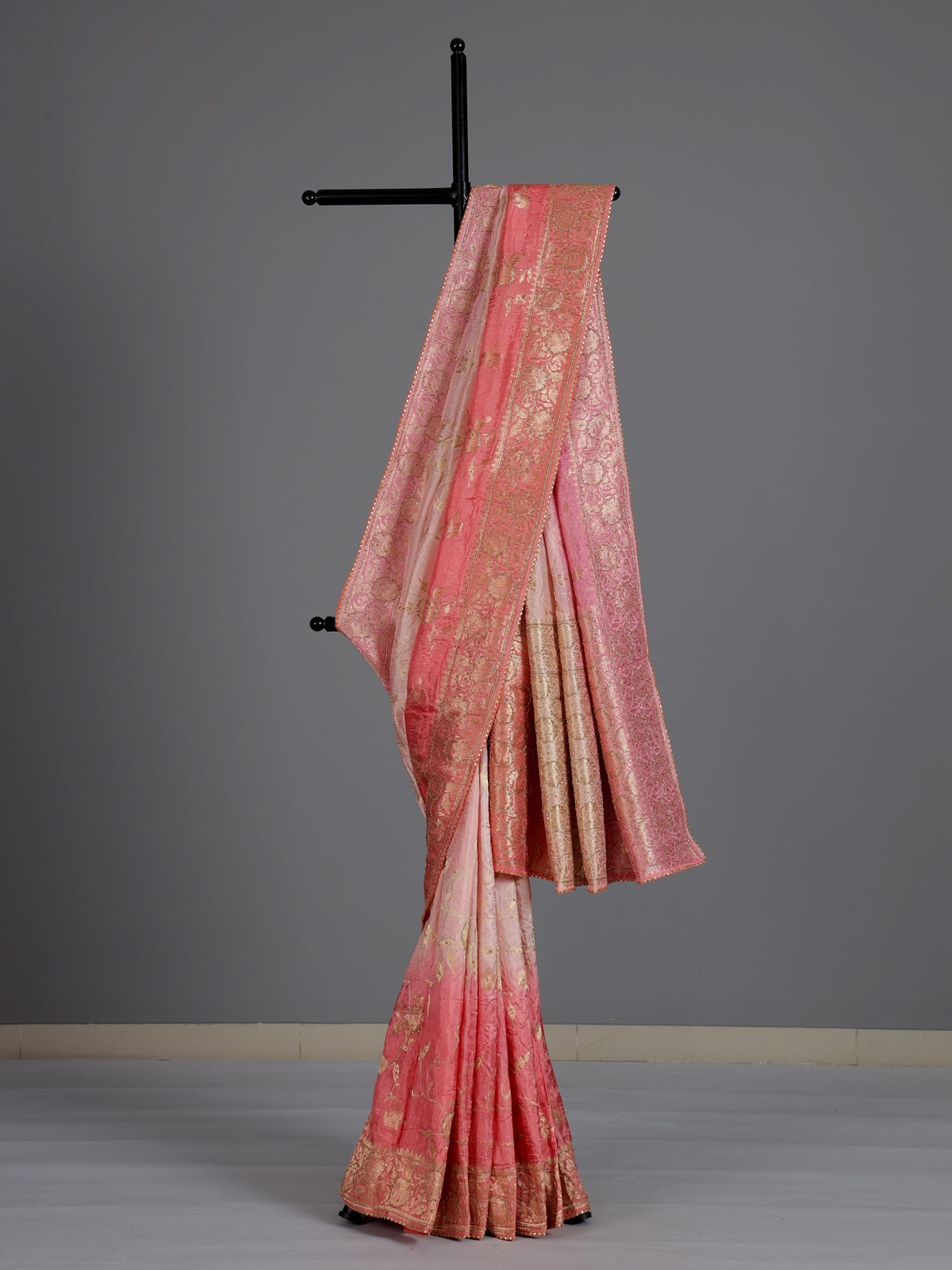 Beautiful pink shaded dola silk saree for wedding celebrations