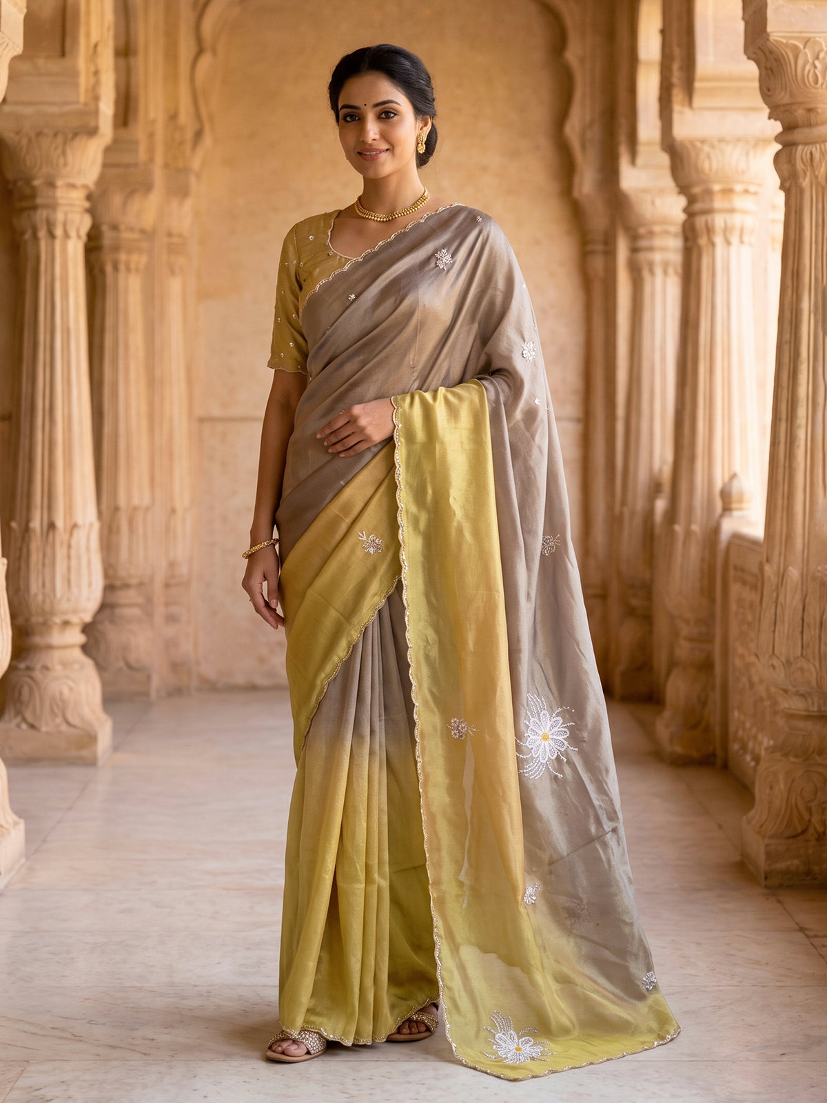 Multi color tissue silk shaded saree with dazzling festive craftsmanship