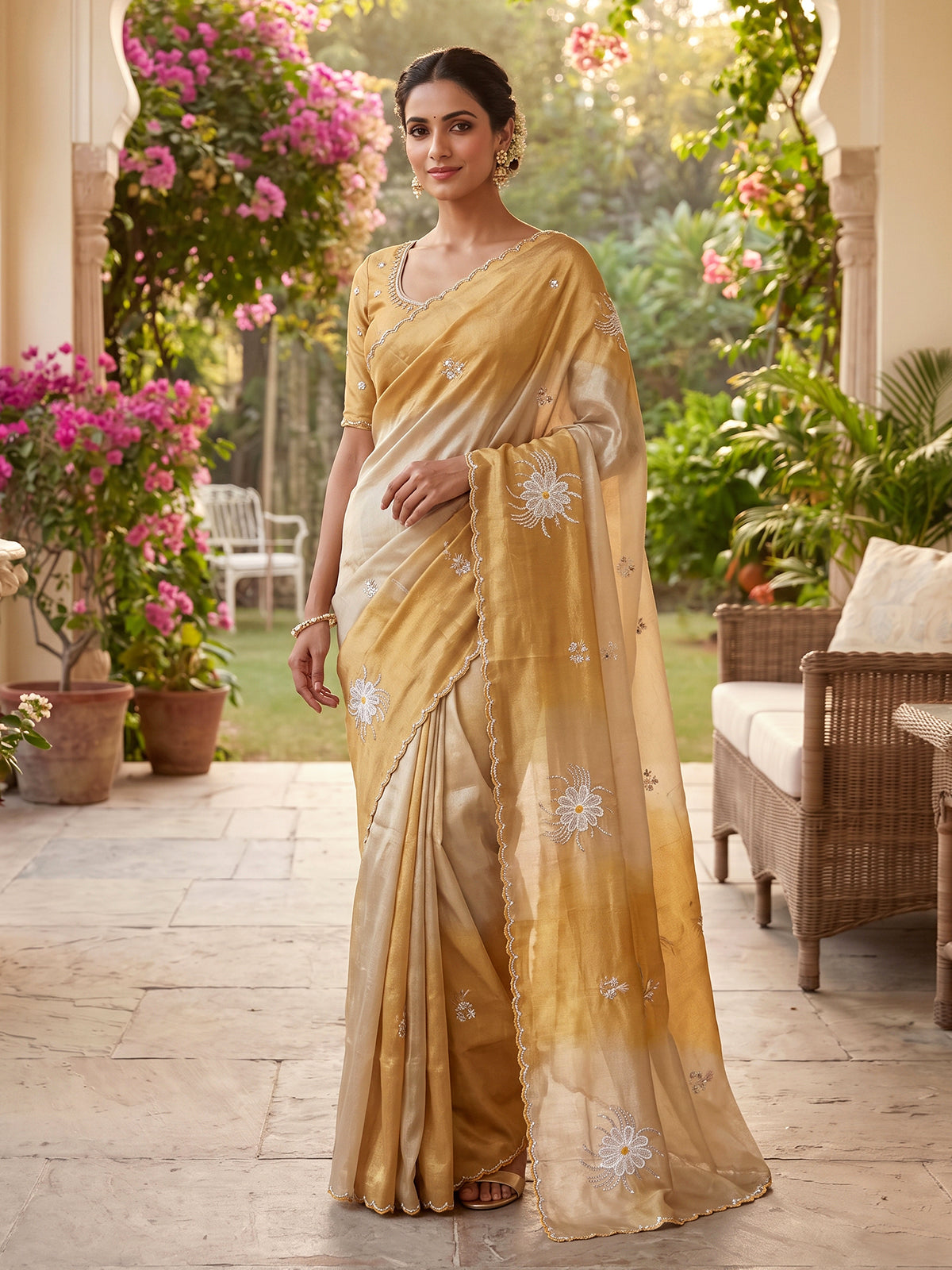 Golden and beige tissue silk festive saree with luxurious embellishments