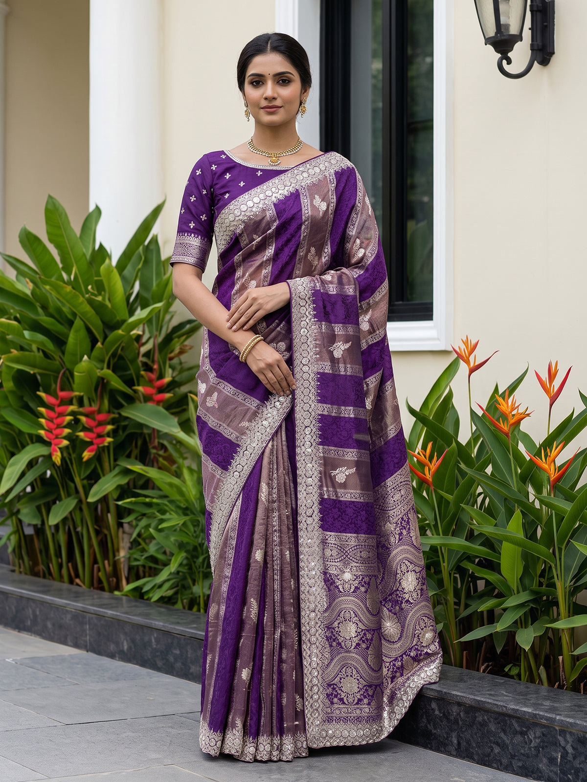 Purple dola silk designer saree with radiant festive