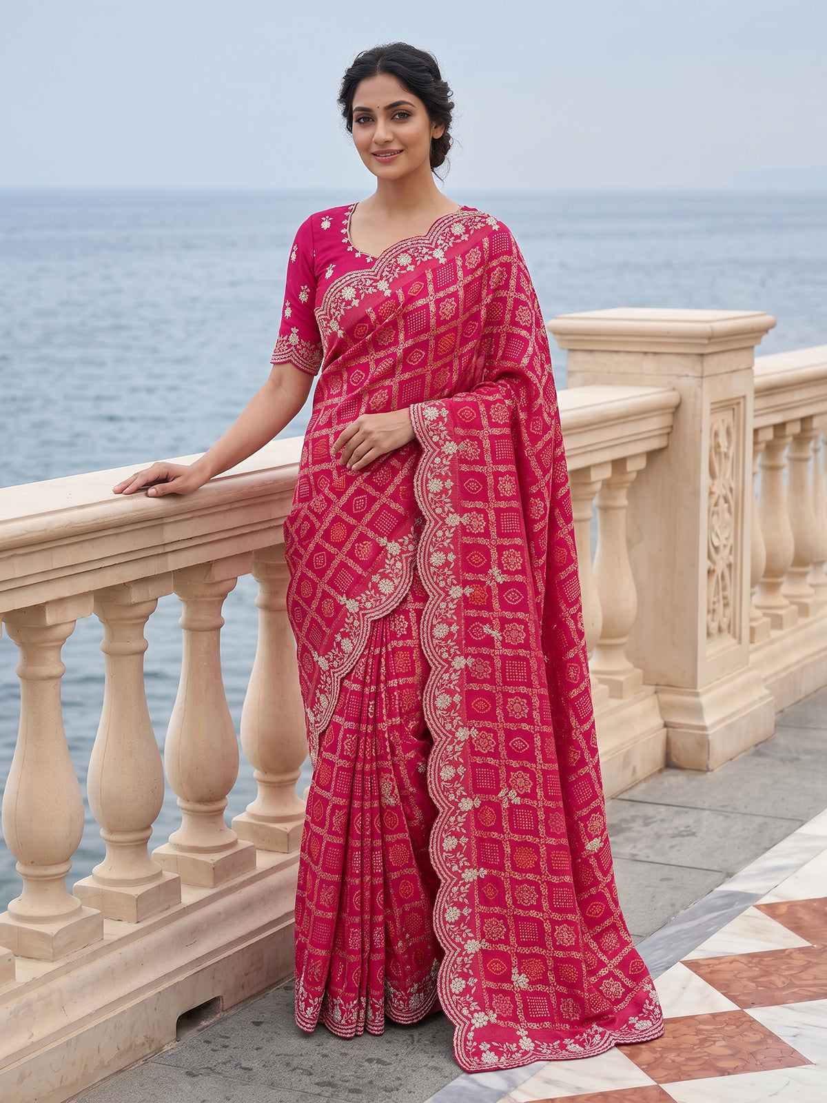 Rani pink bandhani dola silk saree with luxurious festive elegance
