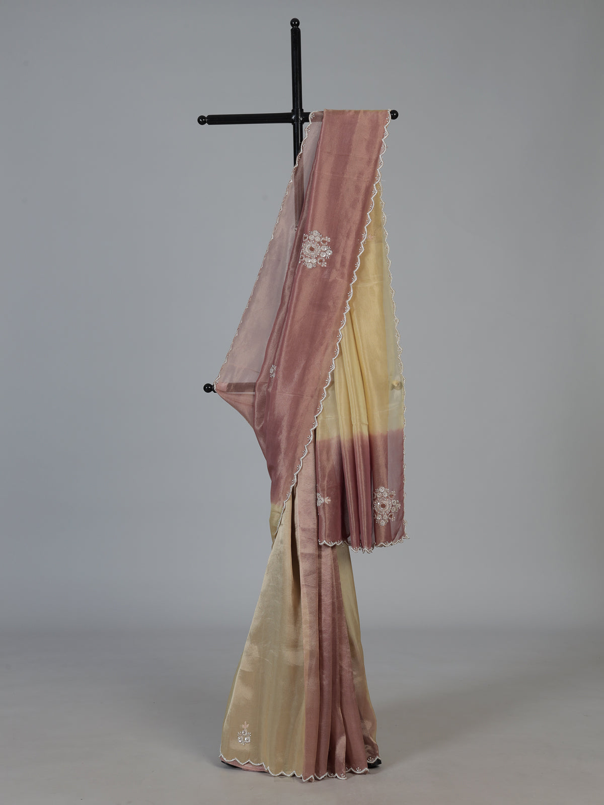 Wine and cream tissue silk embellished saree for festive celebrations