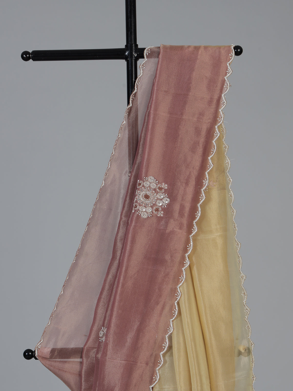 Wine and cream tissue silk embellished saree for festive celebrations
