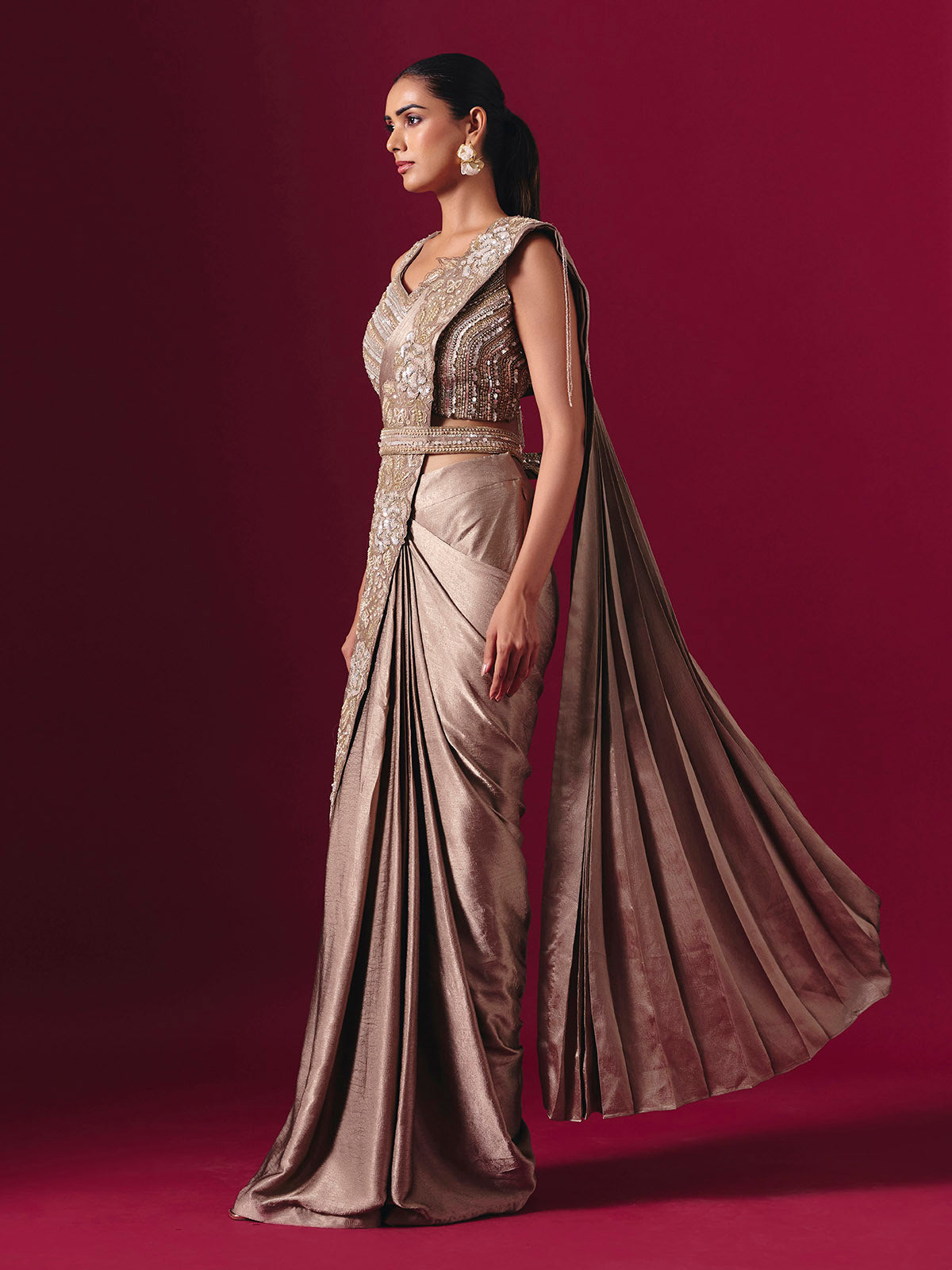 Pastel beige lycra designer ready to wear saree with elegant waist belt