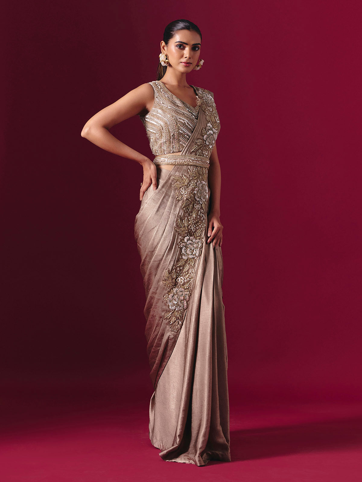 Pastel beige lycra designer ready to wear saree with elegant waist belt