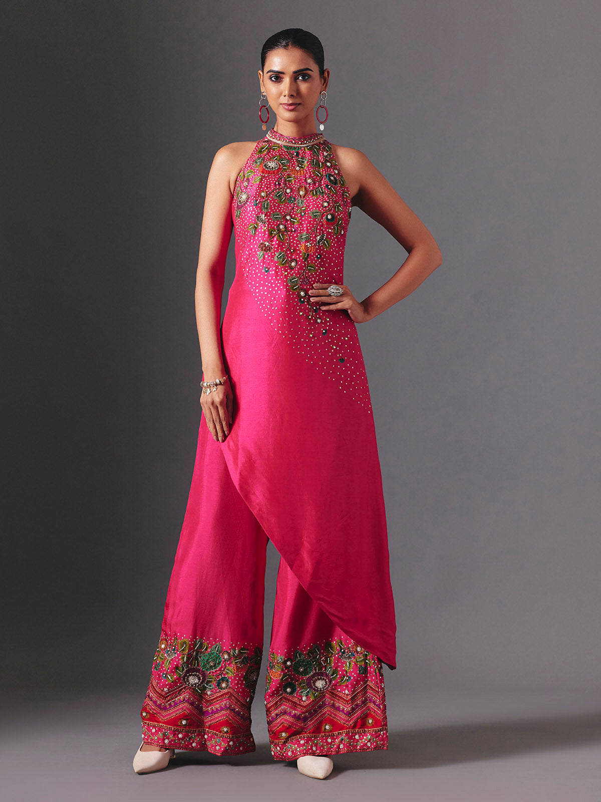 Rani pink silk designer floral palazzo suit with elegant embellishments