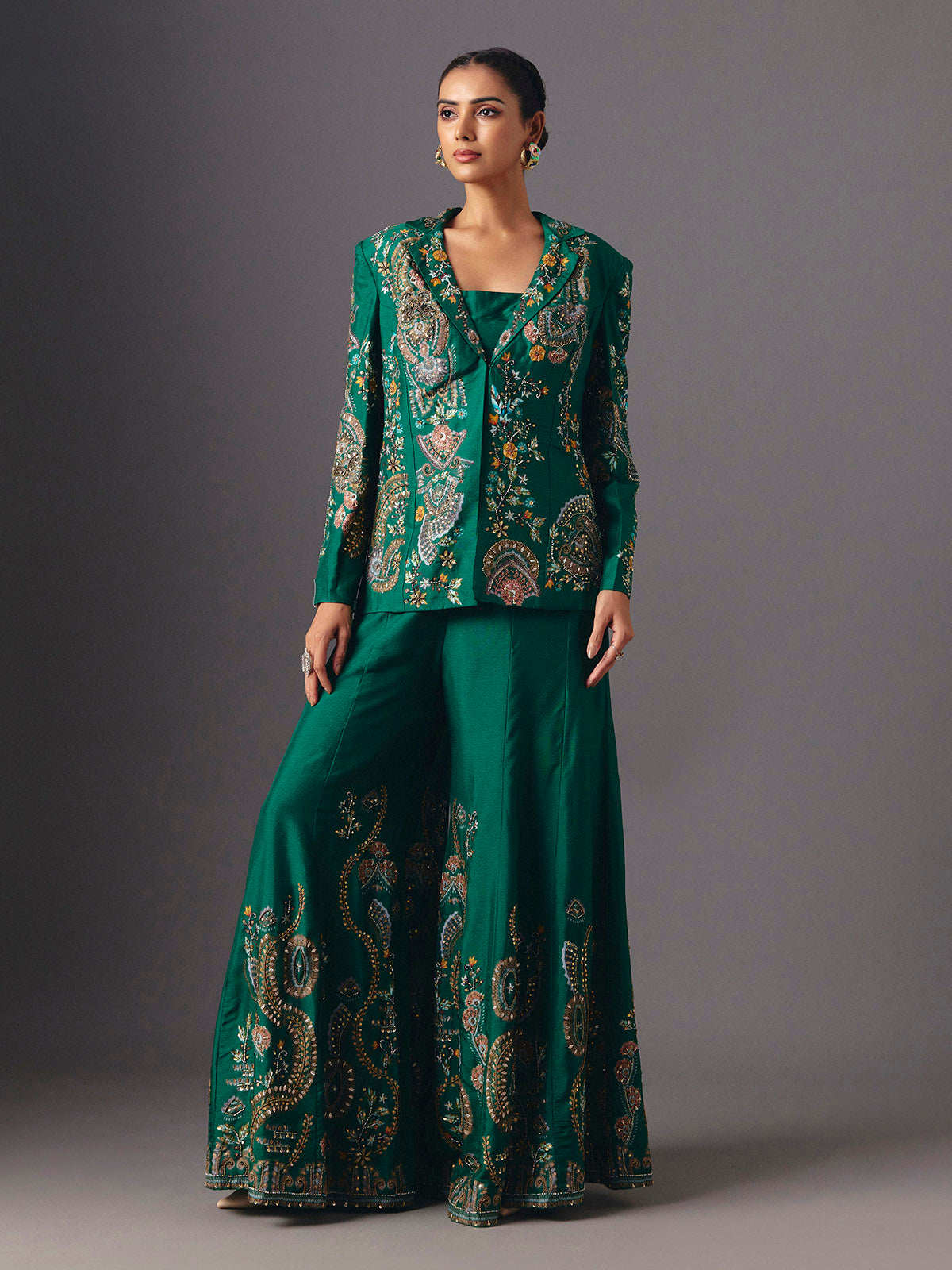 Green silk floral jacket style palazzo suit with elegant embellishments