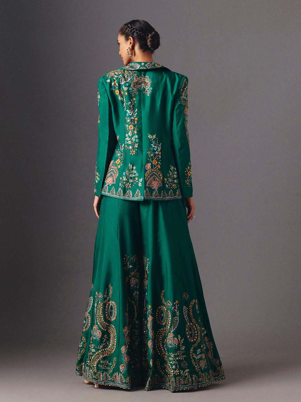 Green silk floral jacket style palazzo suit with elegant embellishments