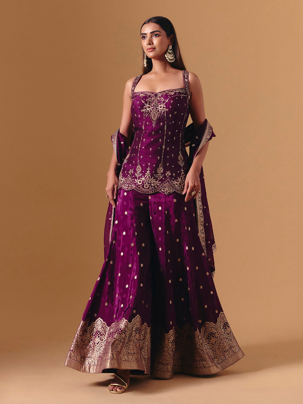 Purple raw silk embroidered palazzo suit with elegant festive dupatta