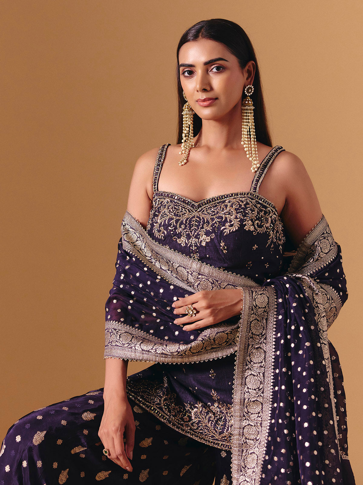 Purple raw silk festive palazzo suit with luxurious embroidered elegance