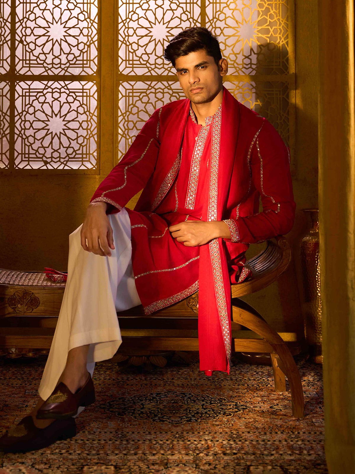 Crimson red royal rose silk wedding kurta suit