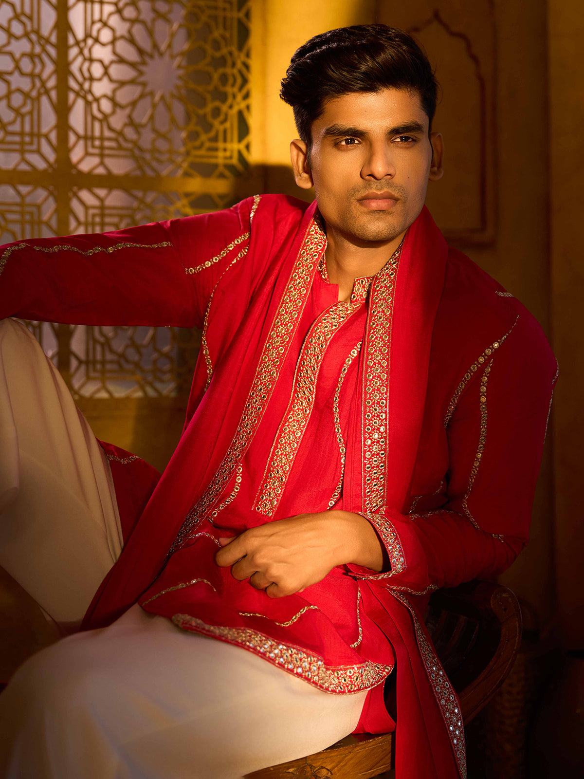 Crimson red royal rose silk wedding kurta suit