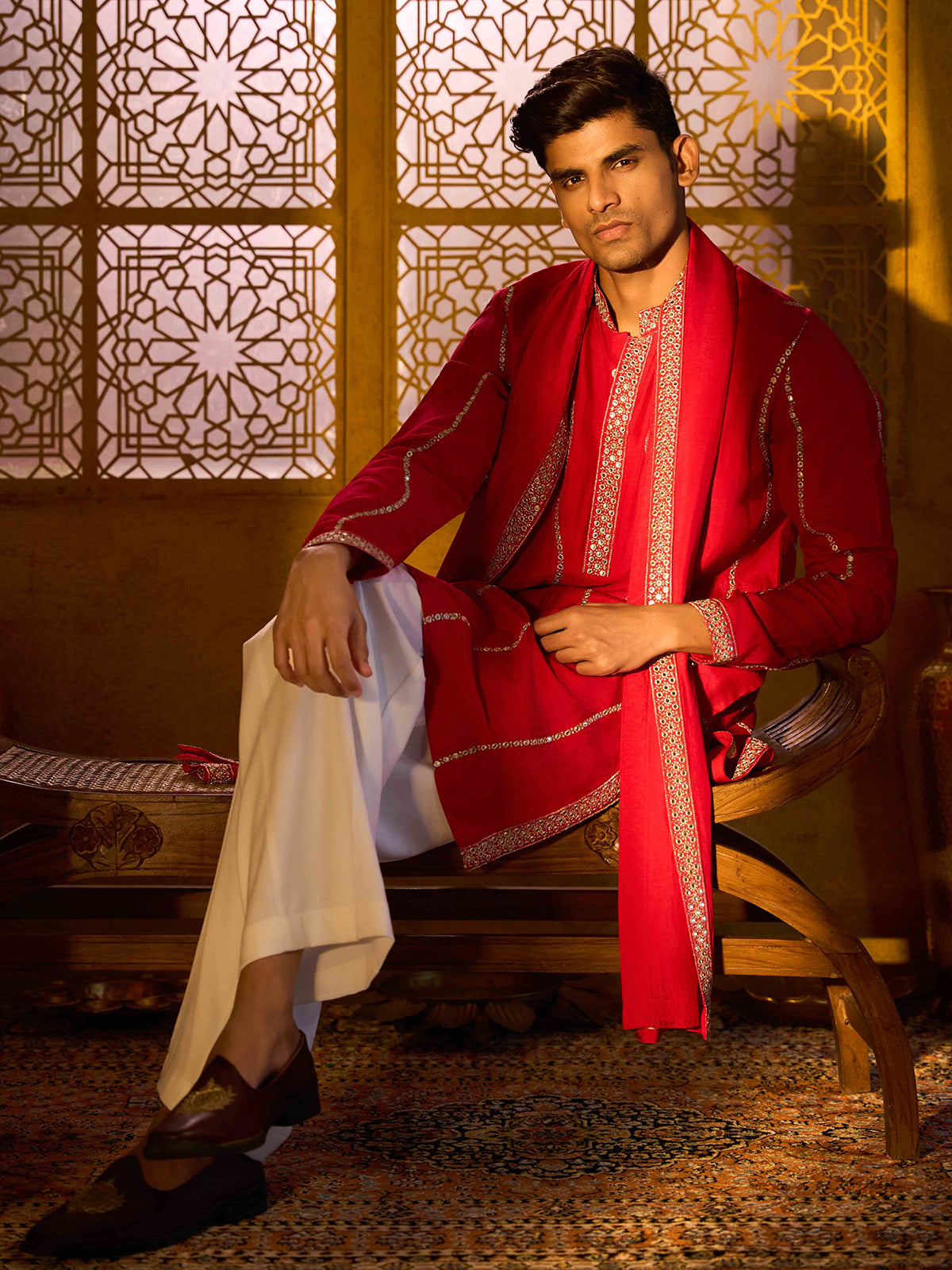 Crimson red royal rose silk wedding kurta suit