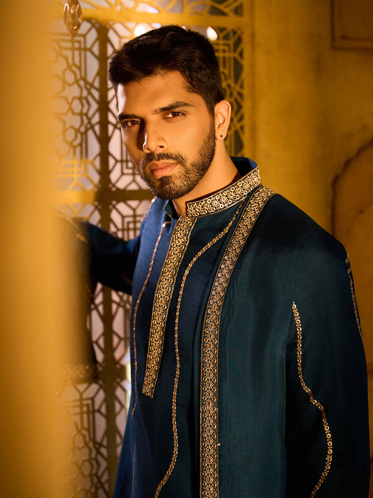 Teal blue embroidered rose silk designer kurta pajama