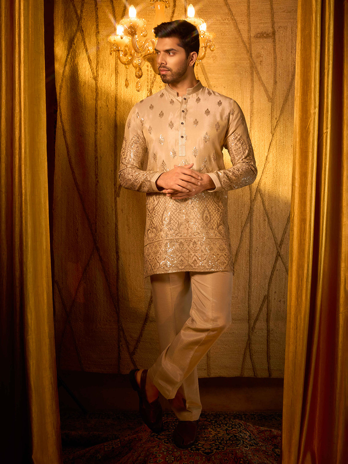 Beige premium tissue silk wedding kurta ensemble