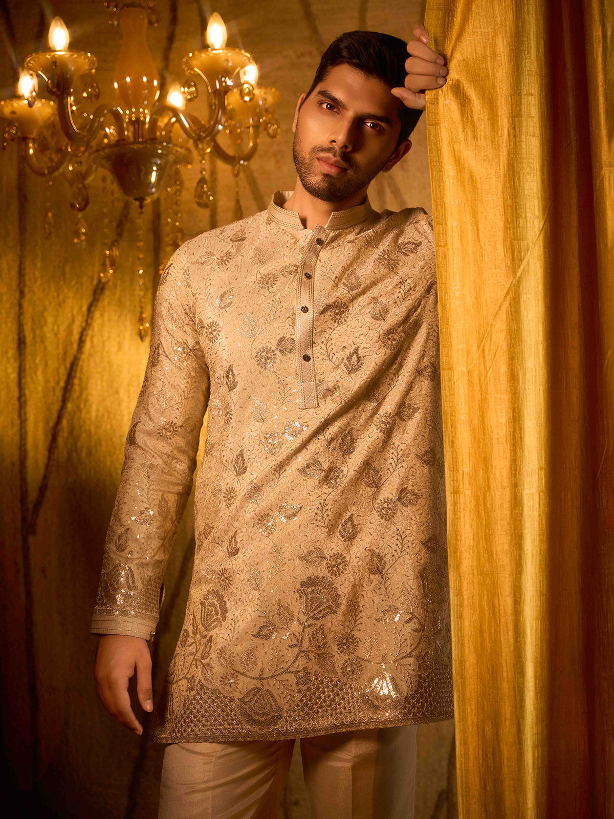 Beige premium tissue silk wedding kurta ensemble