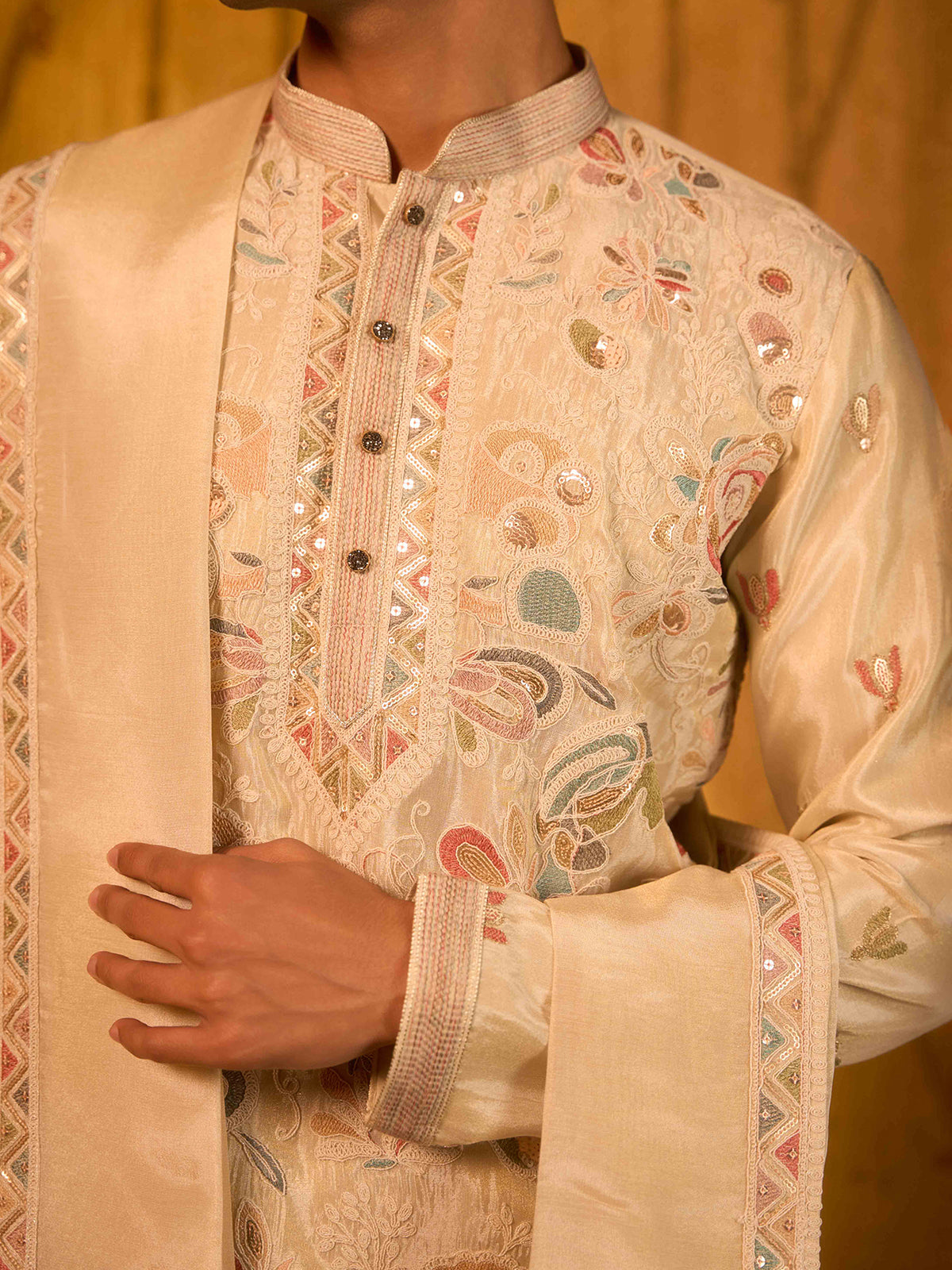 Cream multicolour embroidered tissue silk festive kurta