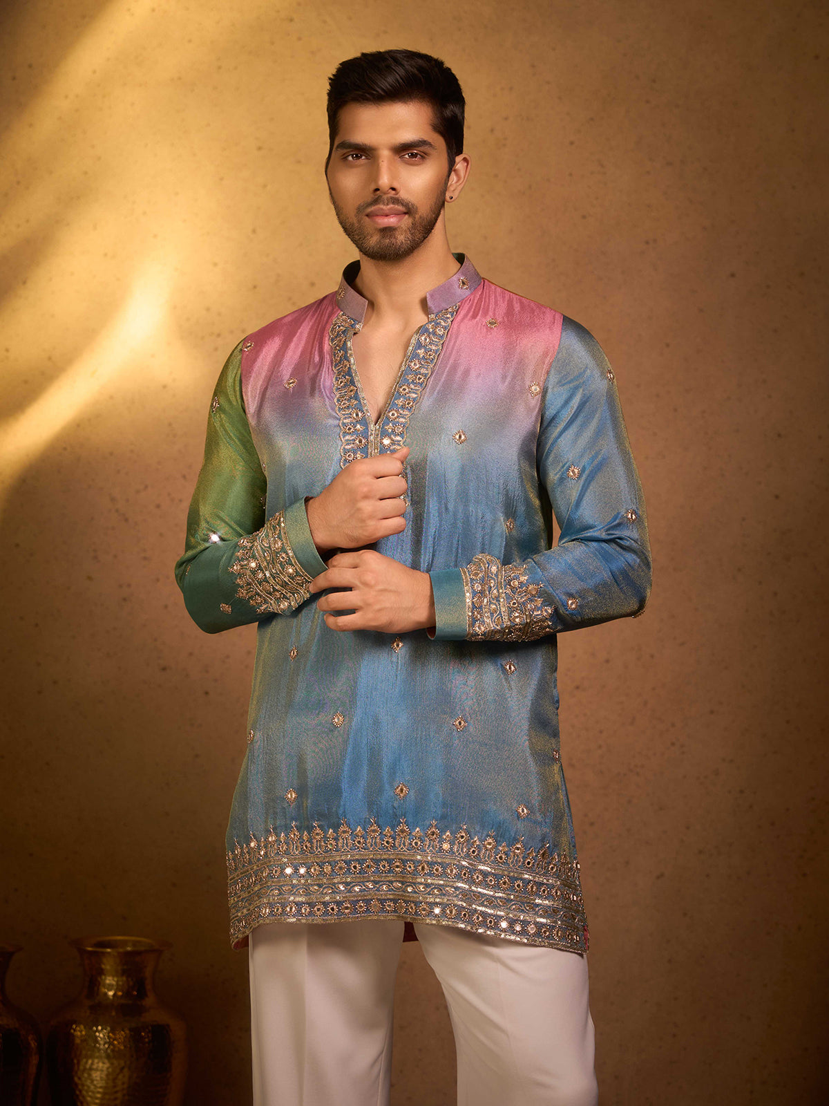 Blue shaded tissue silk designer festive kurta pajama suit