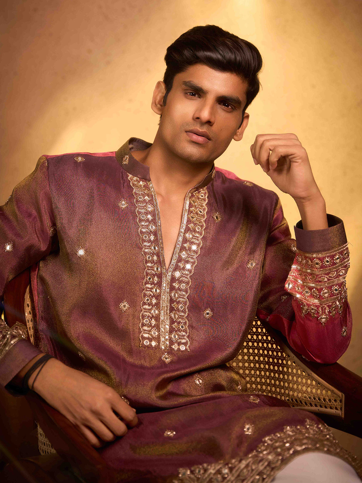 Shimmer wine tissue silk embroidered wedding kurta pajama