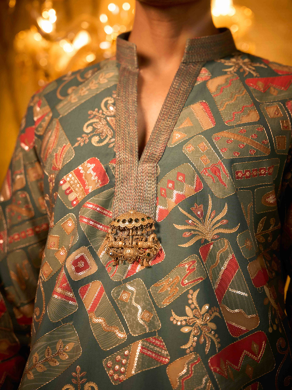 Sage green tissue silk brooch style kurta suit