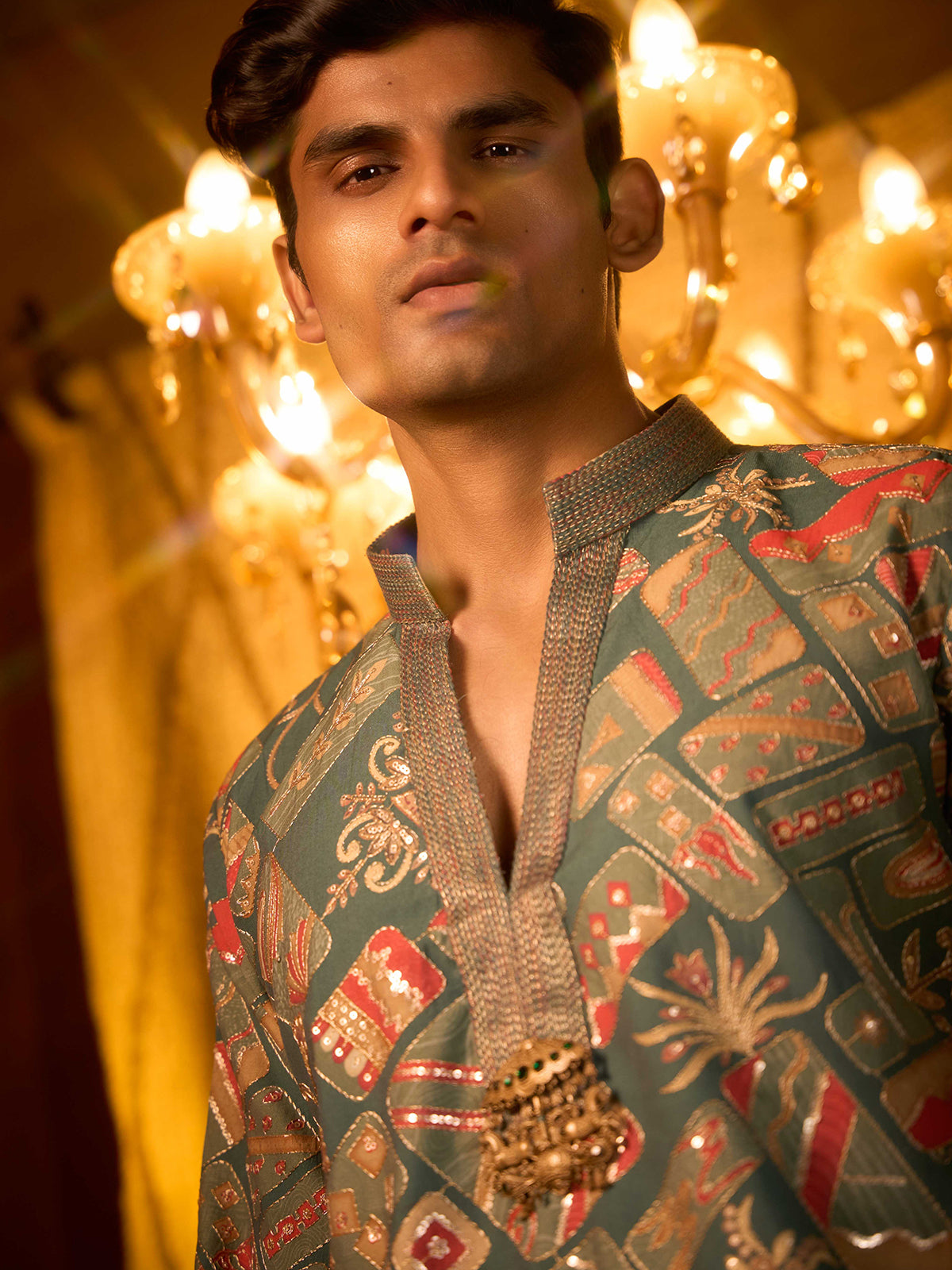 Sage green tissue silk brooch style kurta suit