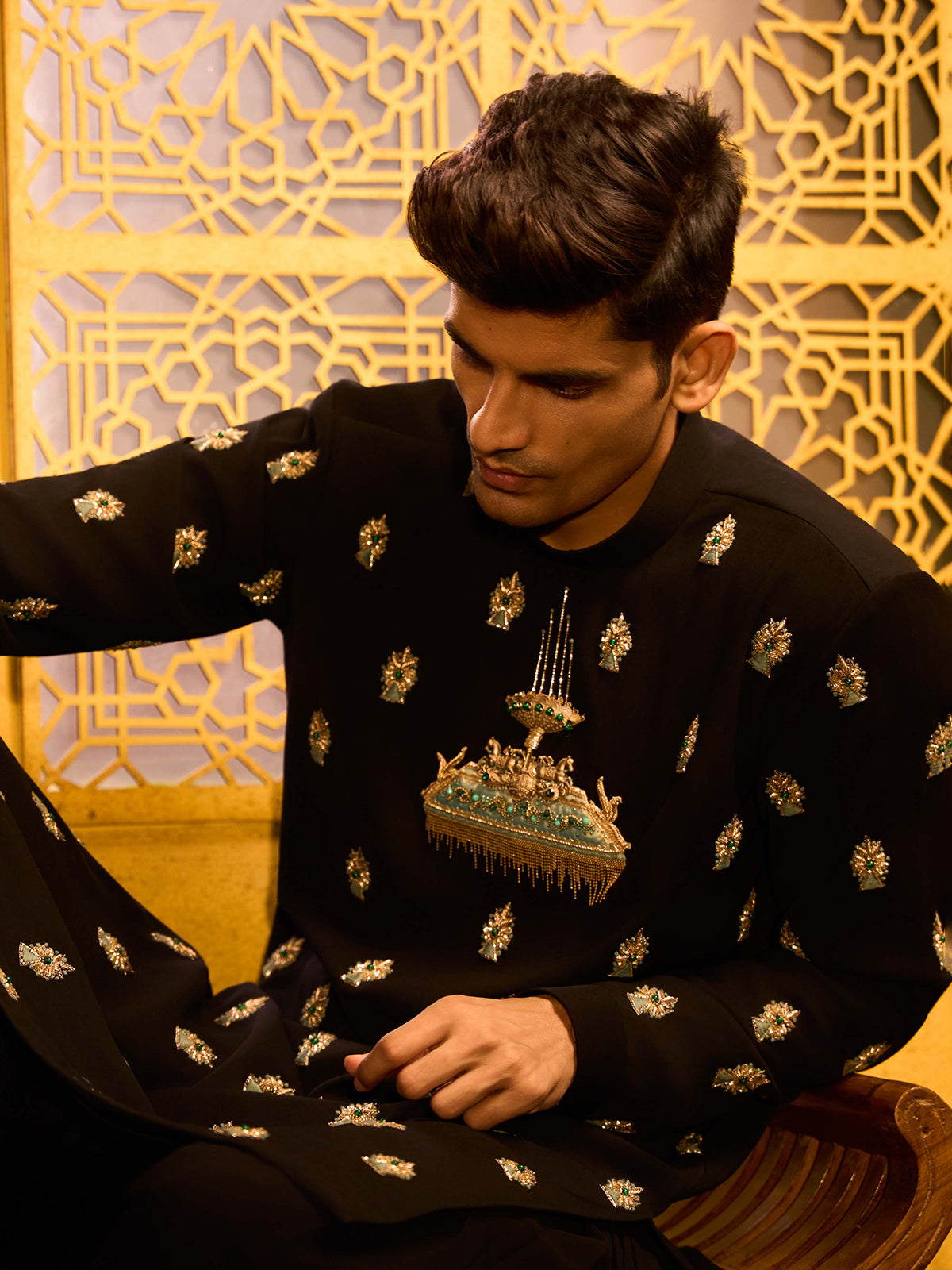 Black terry rayon imperial celebration kurta suit wear