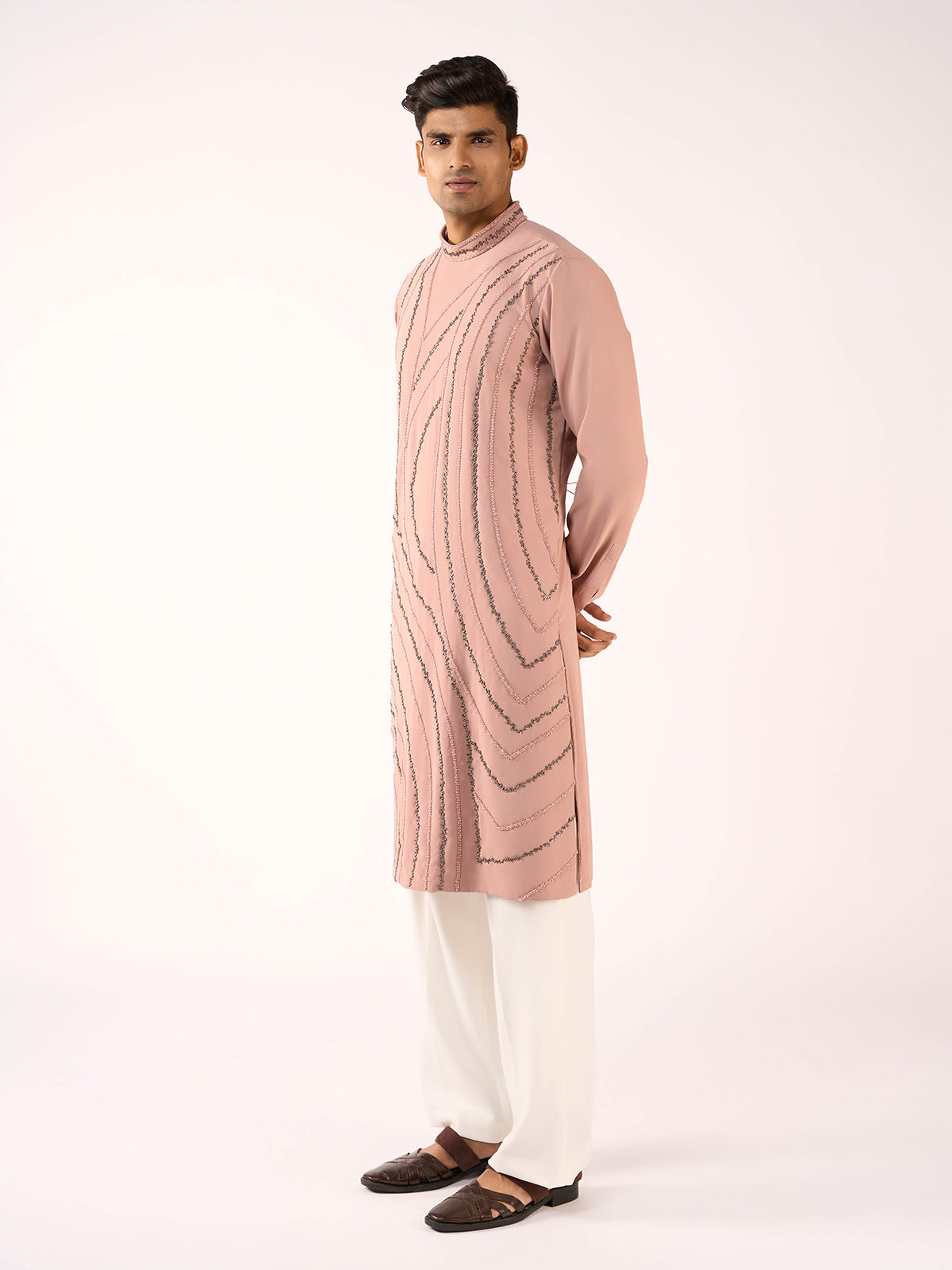 Baby pink terry rayon royal occasion kurta attire for men