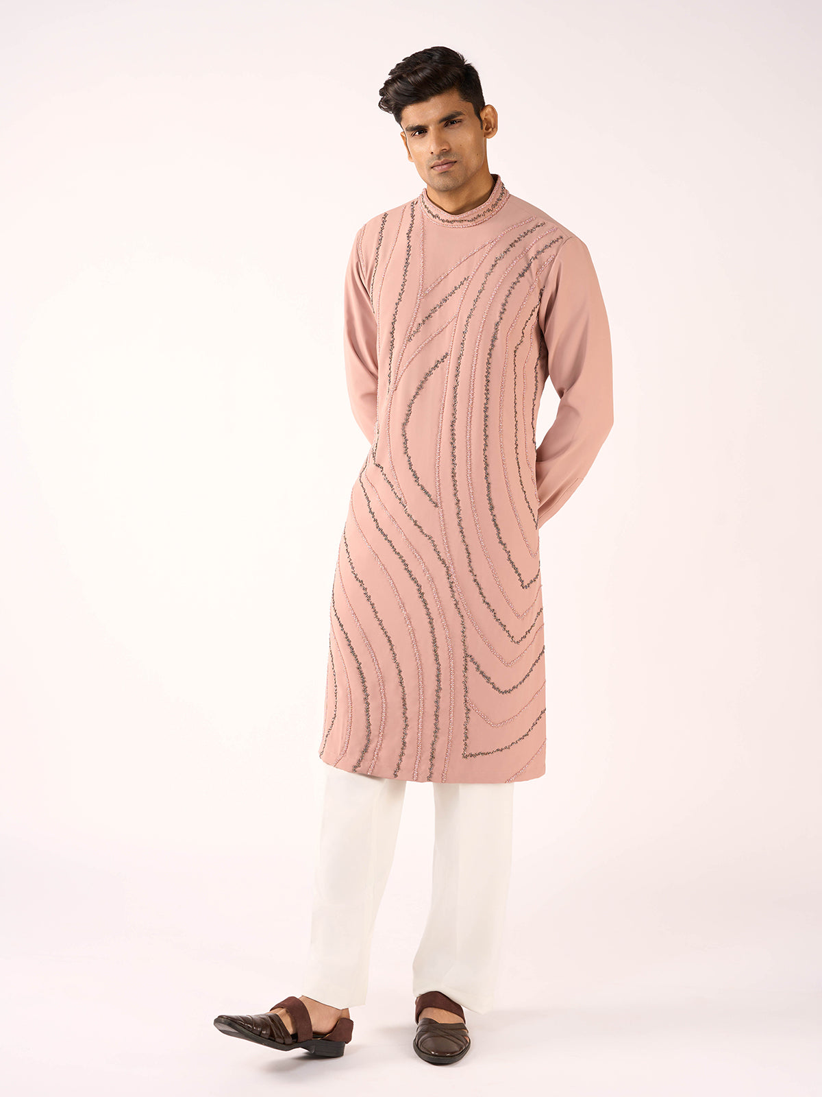 Baby pink terry rayon royal occasion kurta attire for men