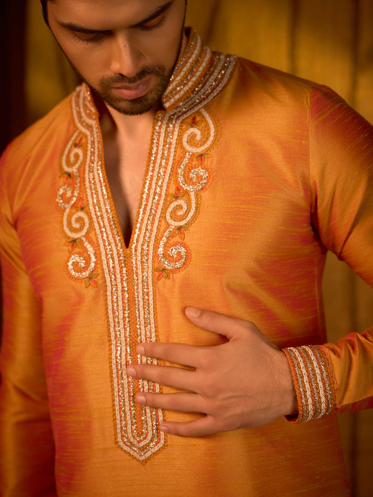 Rust yellow soft silk grand occasion kurta suit wear