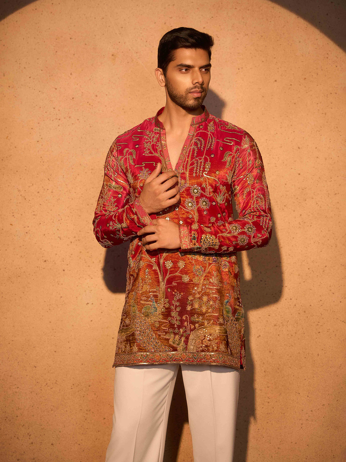 Red tissue silk royal celebration kurta suit attire