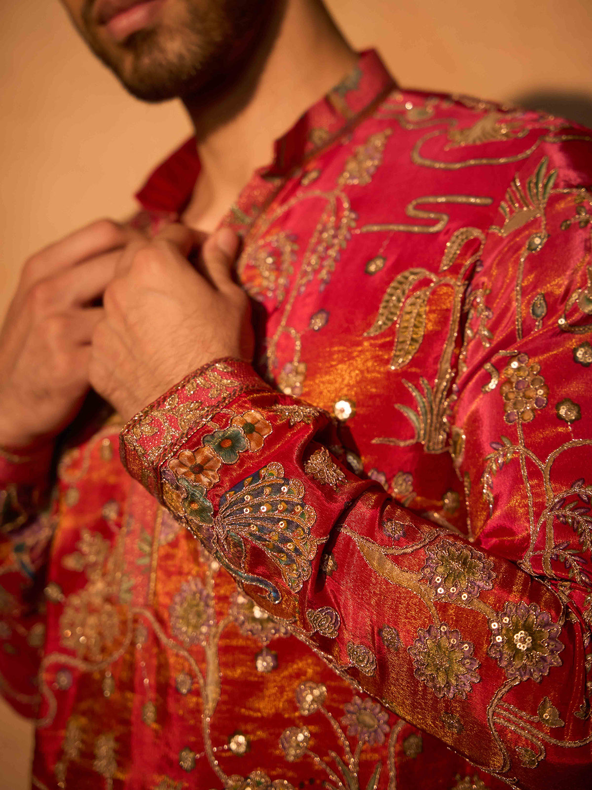 Red tissue silk royal celebration kurta suit attire