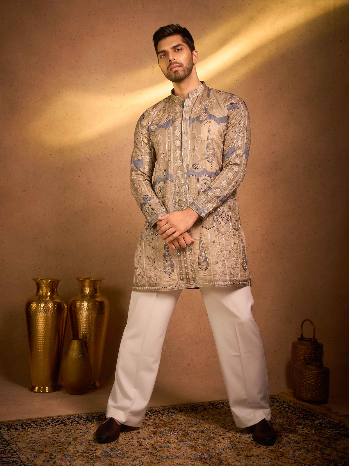 Steel blue tissue silk handcrafted celebration kurta suit