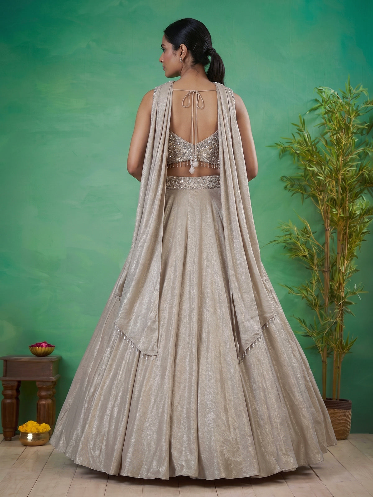 Gold tissue silk bridal lehenga with statement choker dupatta